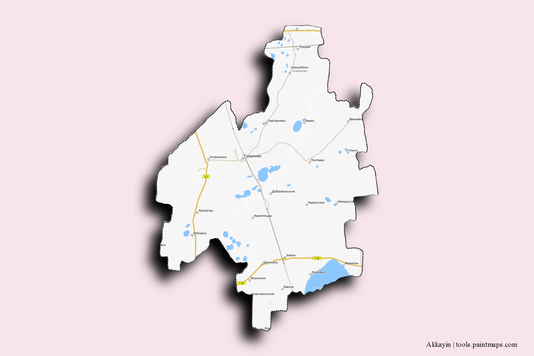 Mapa de barrios y pueblos de Akkayin con efecto de sombra 3D