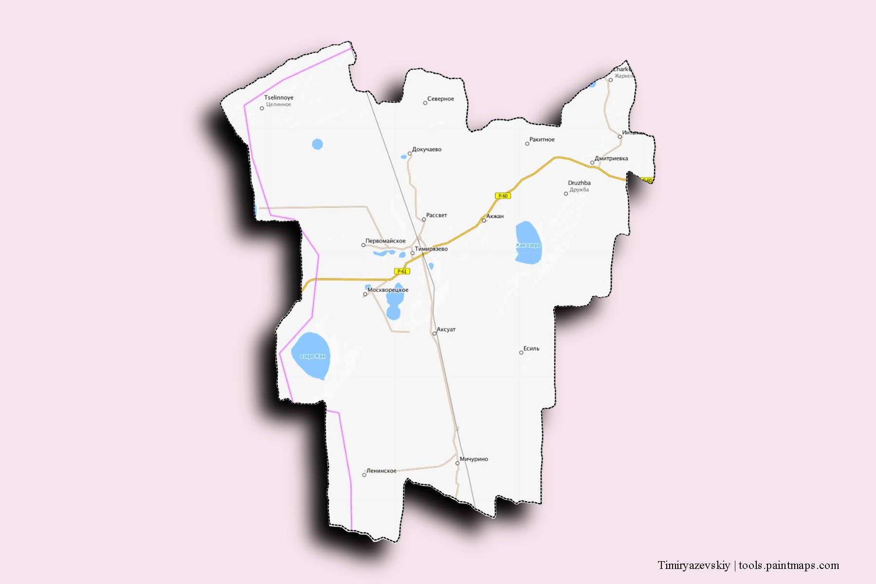 Mapa de barrios y pueblos de Timiryazevskiy con efecto de sombra 3D