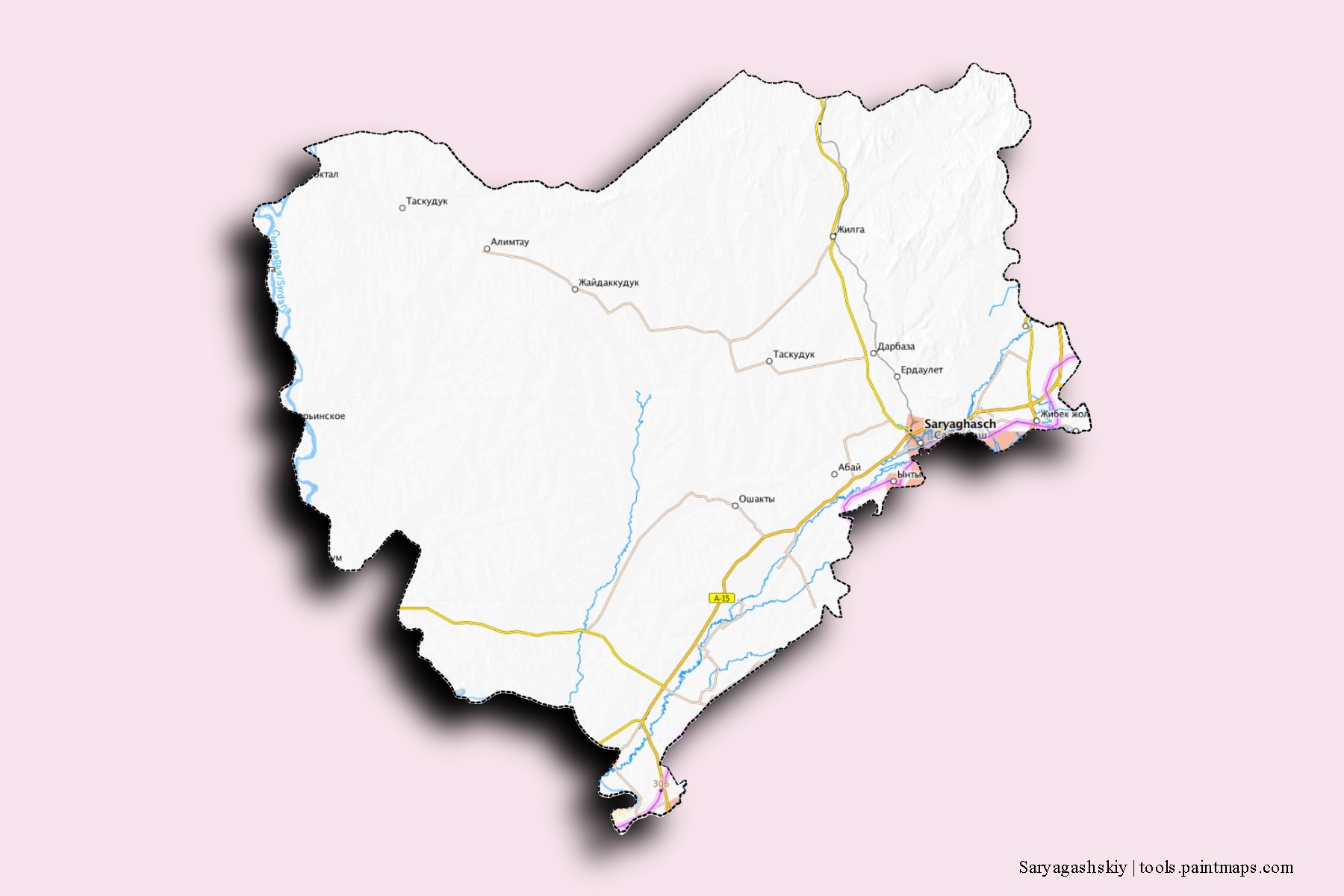 Mapa de barrios y pueblos de Saryagashskiy con efecto de sombra 3D