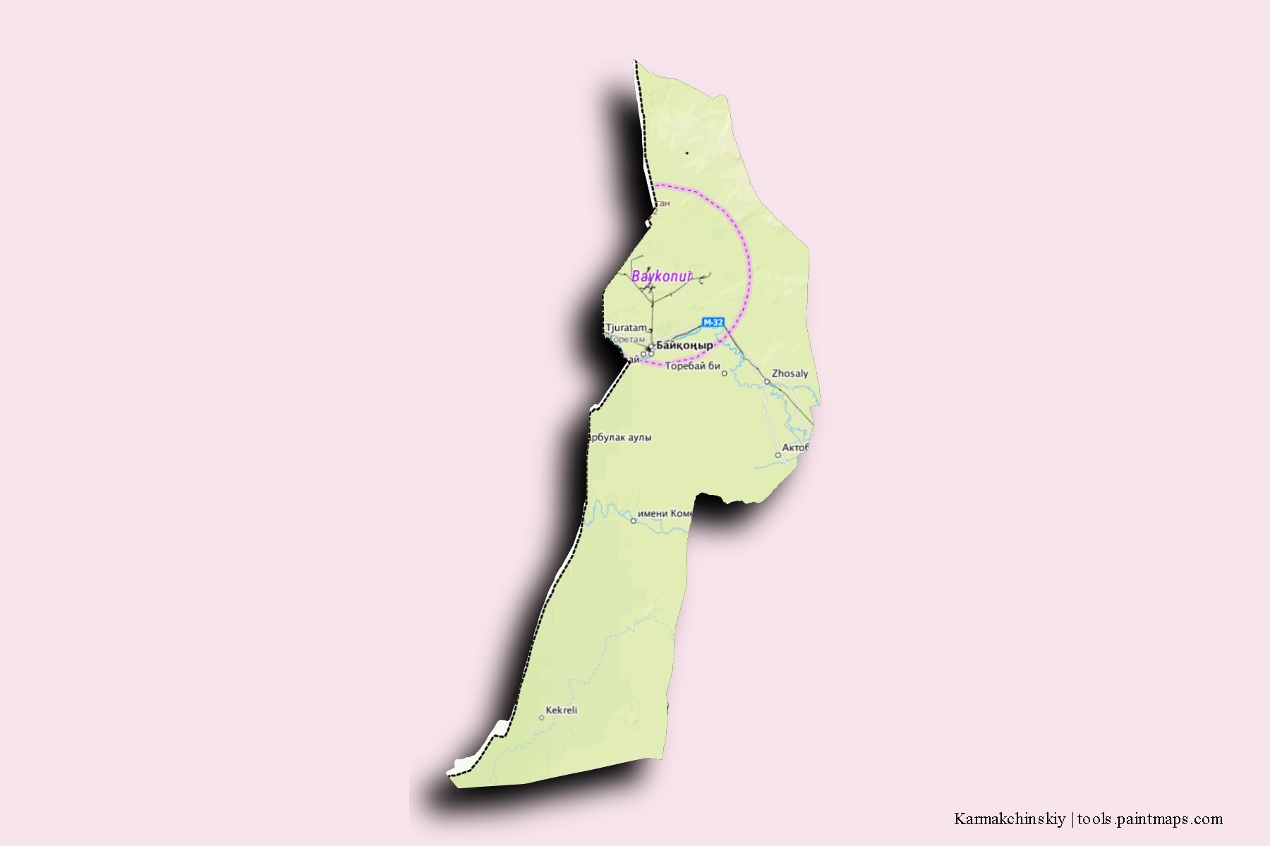 Karmakchinskiy neighborhoods and villages map with 3D shadow effect