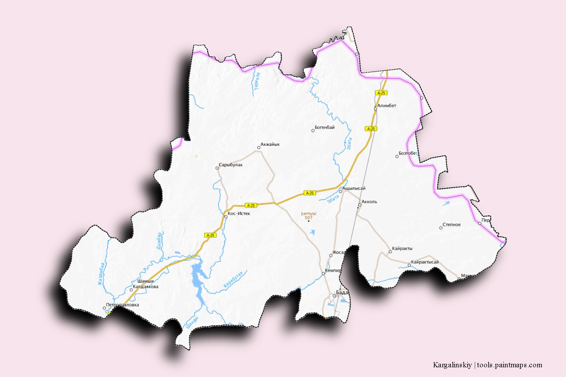 Mapa de barrios y pueblos de Kargalinskiy con efecto de sombra 3D