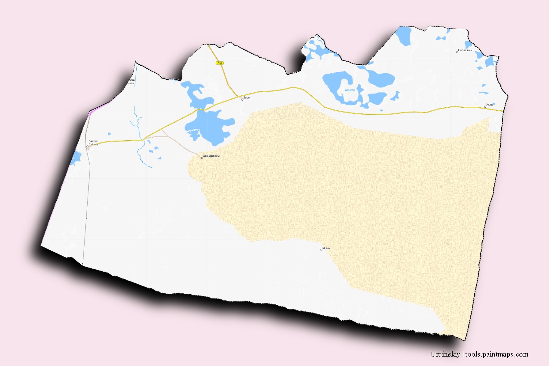 Mapa de barrios y pueblos de Urdinskiy con efecto de sombra 3D