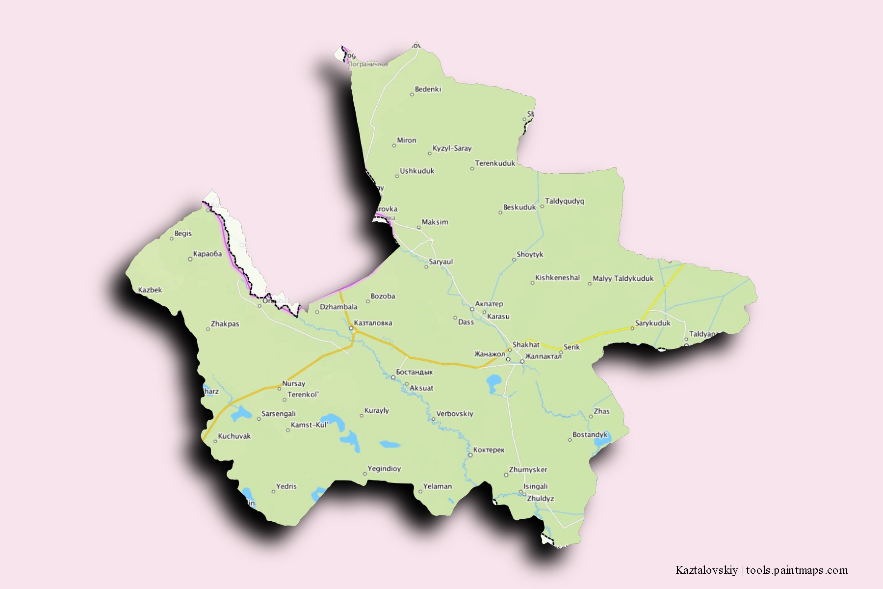 Mapa de barrios y pueblos de Kaztalovskiy con efecto de sombra 3D