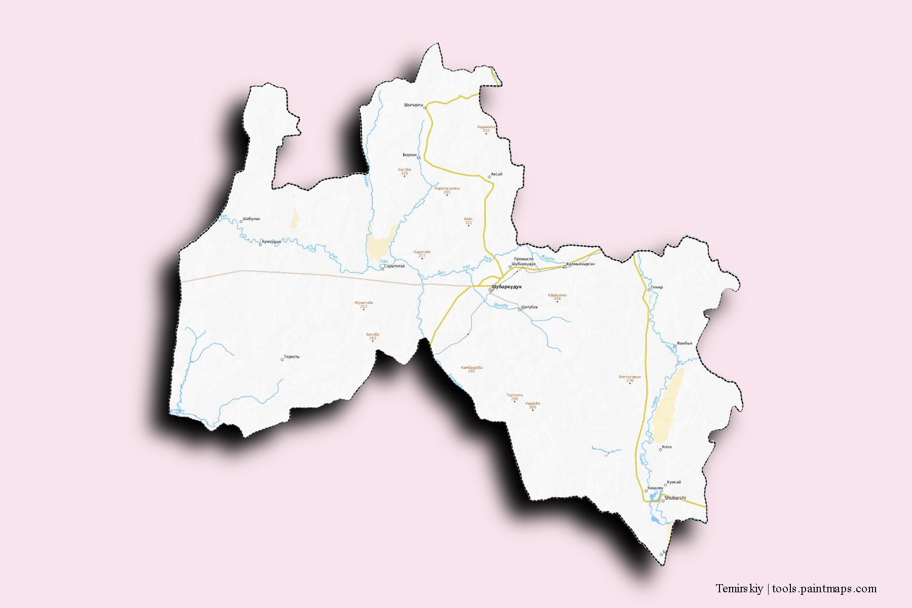 Mapa de barrios y pueblos de Temirskiy con efecto de sombra 3D