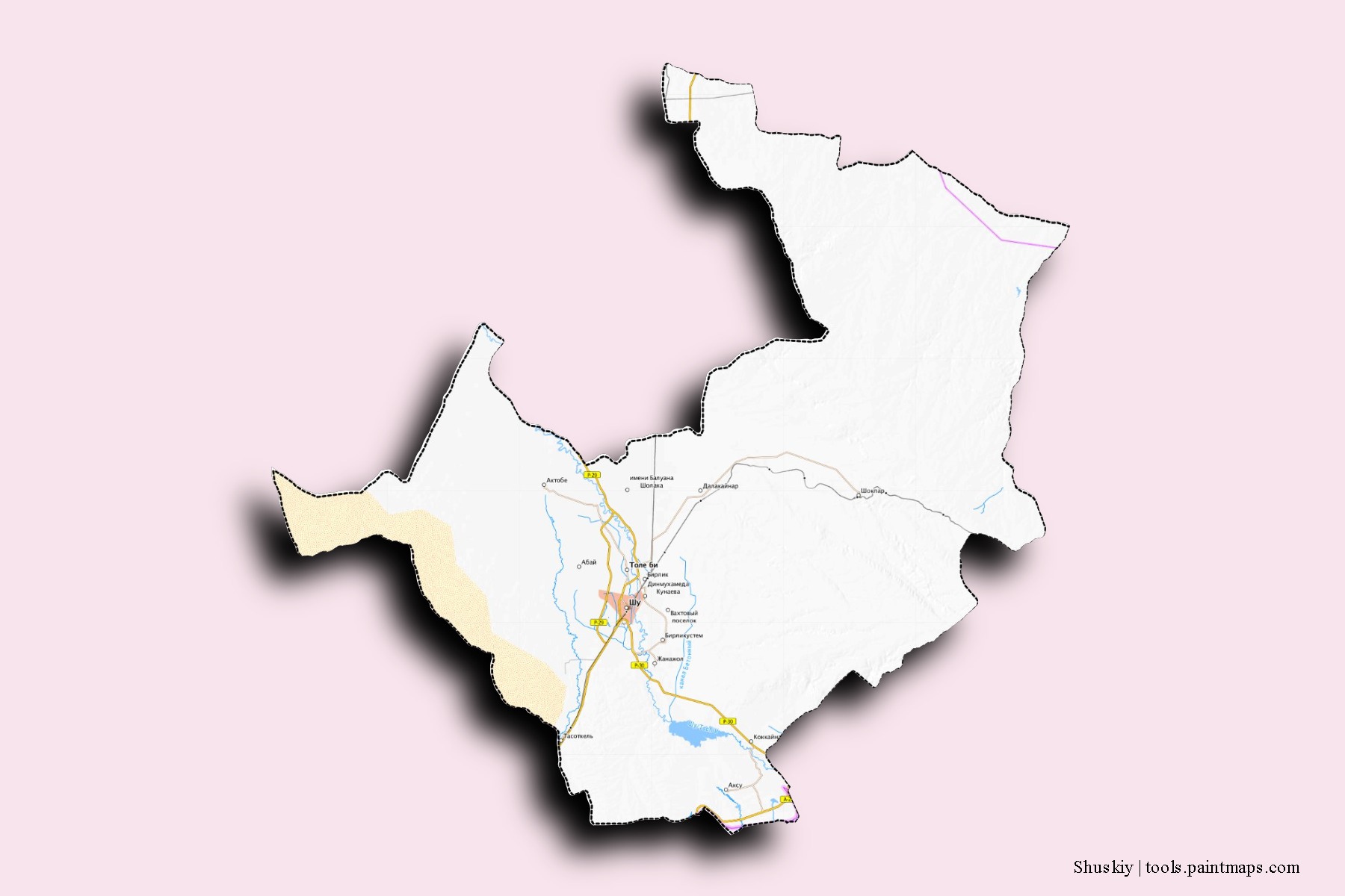 Mapa de barrios y pueblos de Shuskiy con efecto de sombra 3D