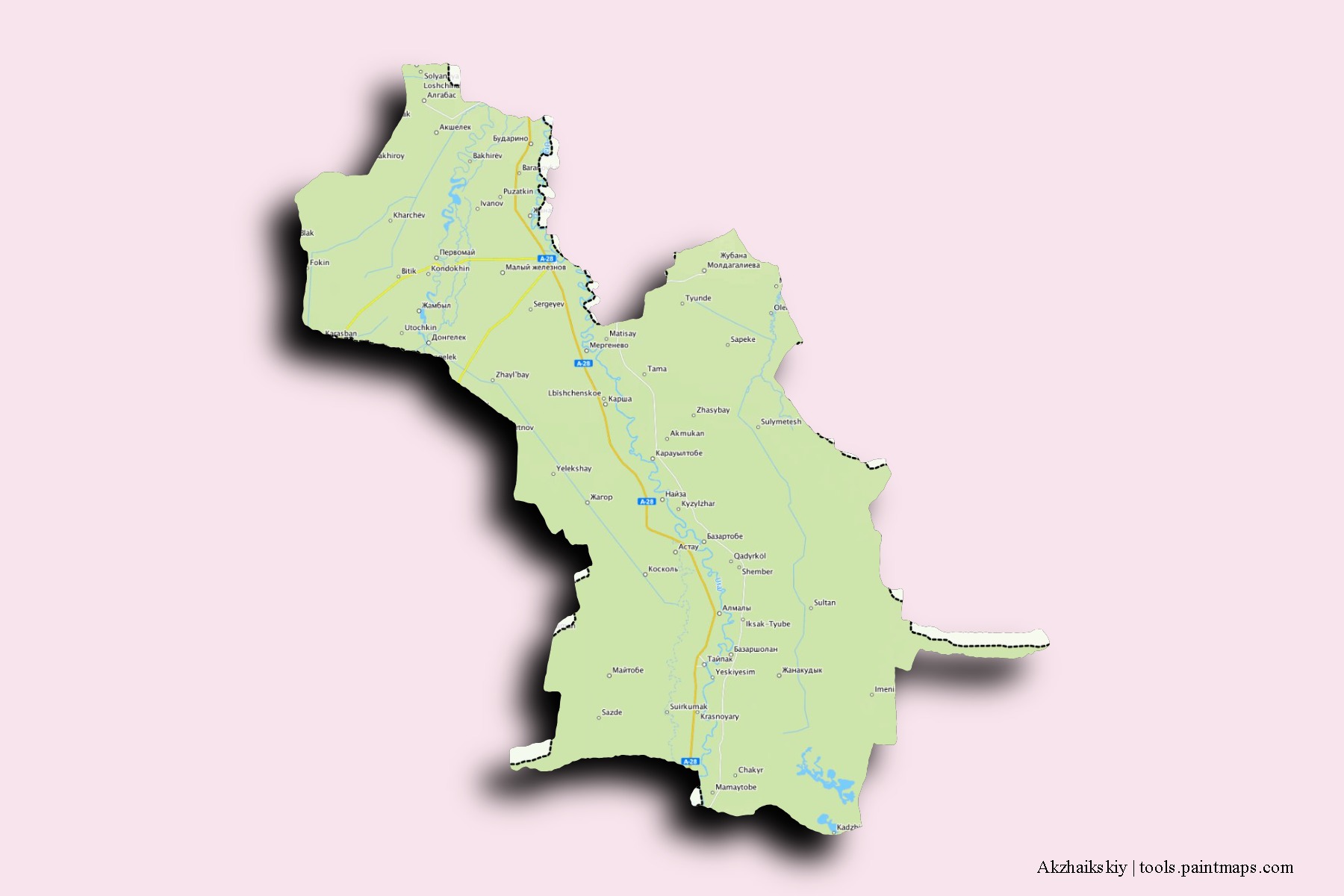 Mapa de barrios y pueblos de Akzhaikskiy con efecto de sombra 3D