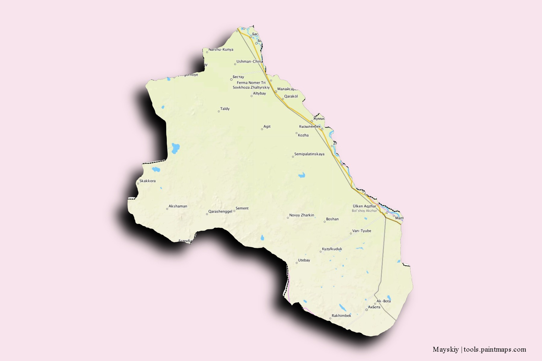 Mapa de barrios y pueblos de Mayskiy con efecto de sombra 3D