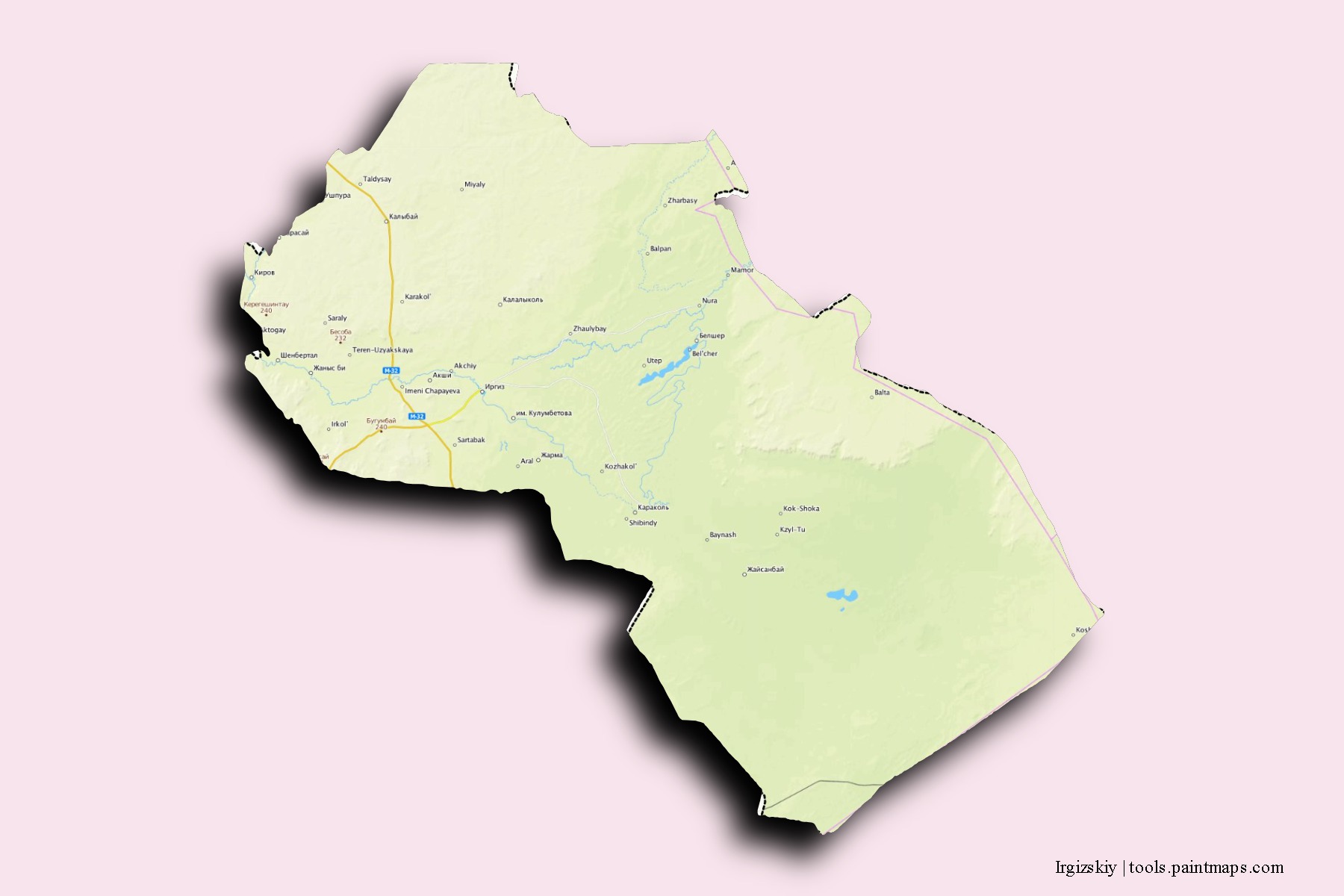 Mapa de barrios y pueblos de Irgizskiy con efecto de sombra 3D