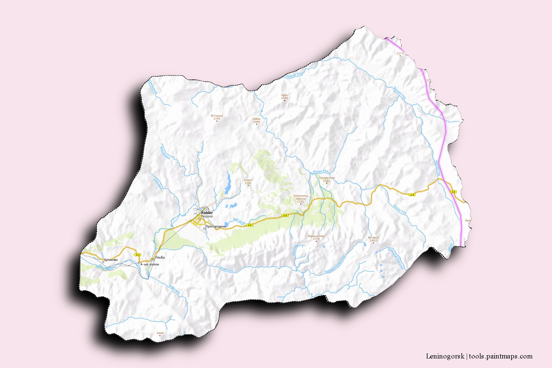 Mapa de barrios y pueblos de Leninogorsk con efecto de sombra 3D