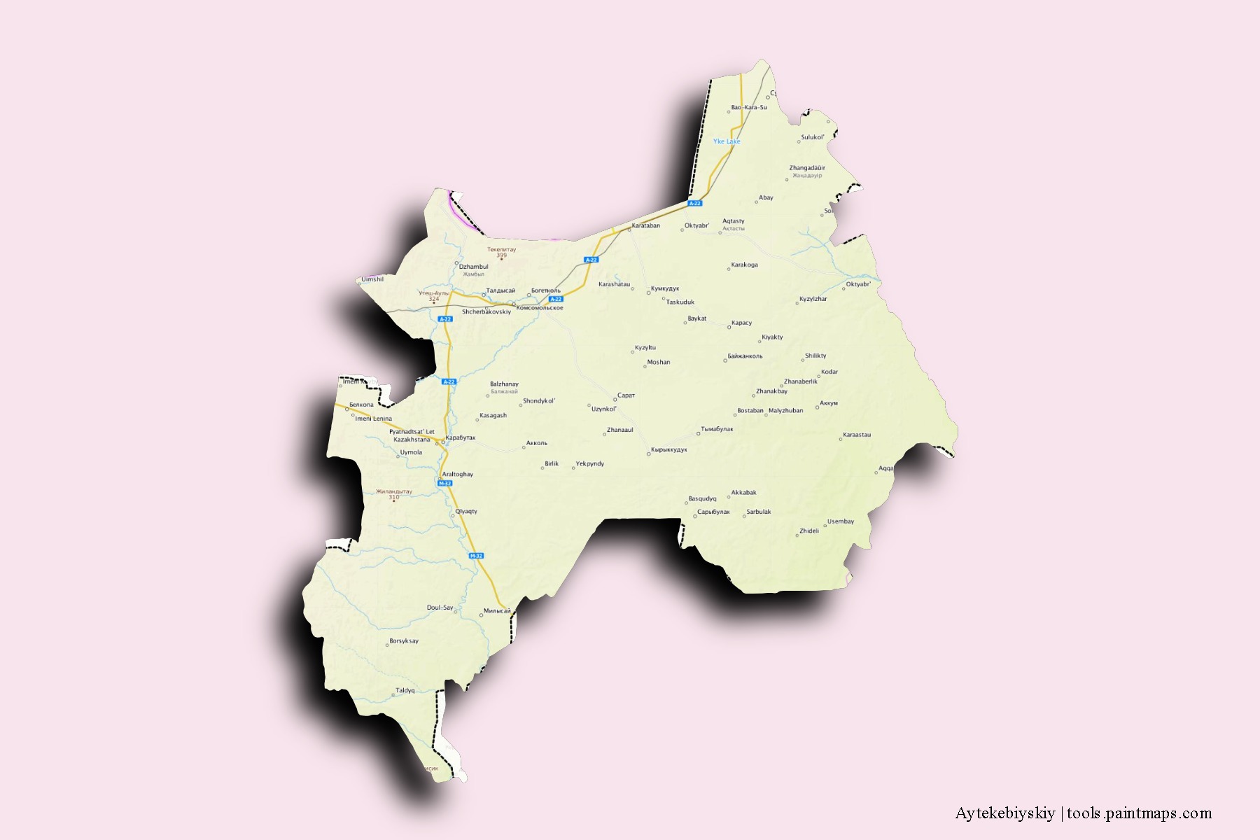 Mapa de barrios y pueblos de Aytekebiyskiy con efecto de sombra 3D