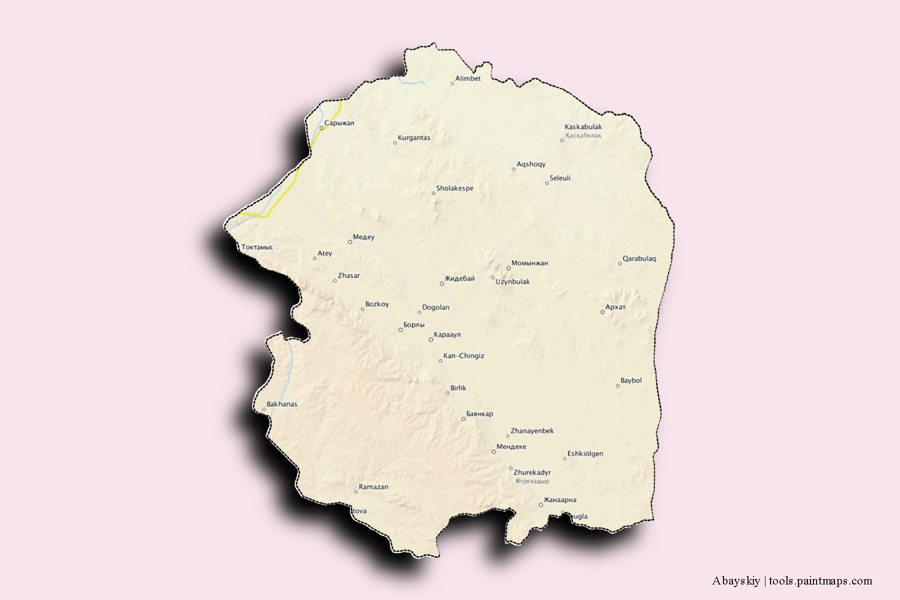 Mapa de barrios y pueblos de Abayskiy con efecto de sombra 3D