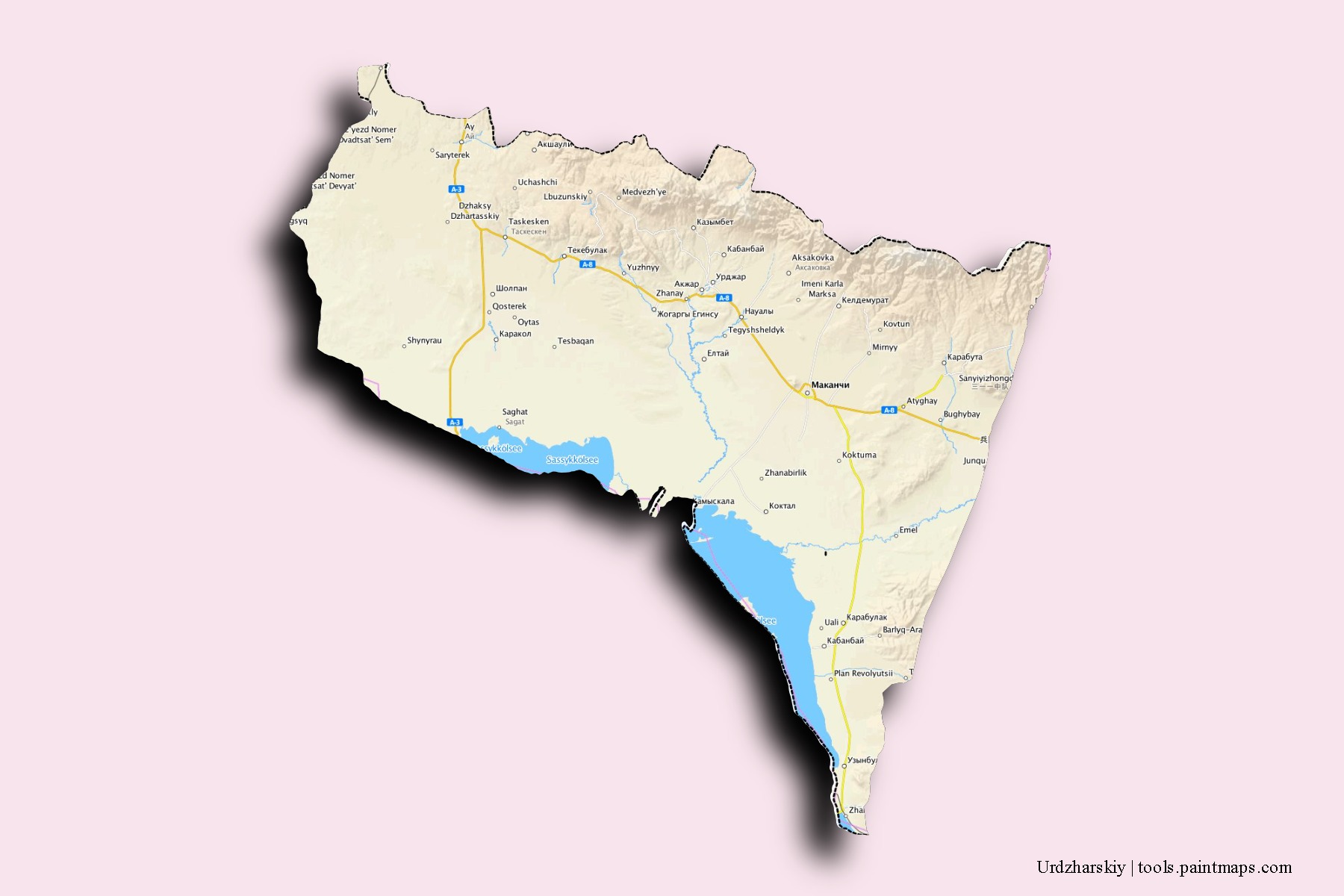 Mapa de barrios y pueblos de Urdzharskiy con efecto de sombra 3D