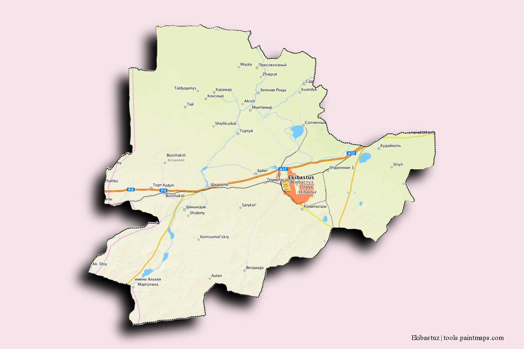 Mapa de barrios y pueblos de Ekibastuz con efecto de sombra 3D