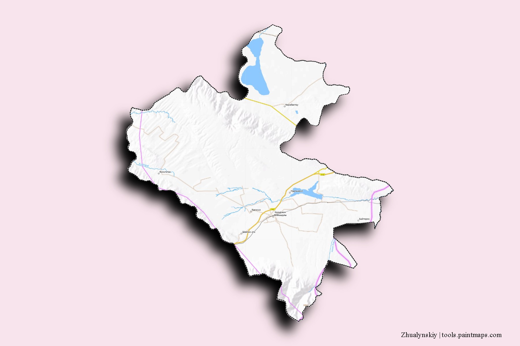 Mapa de barrios y pueblos de Zhualynskiy con efecto de sombra 3D