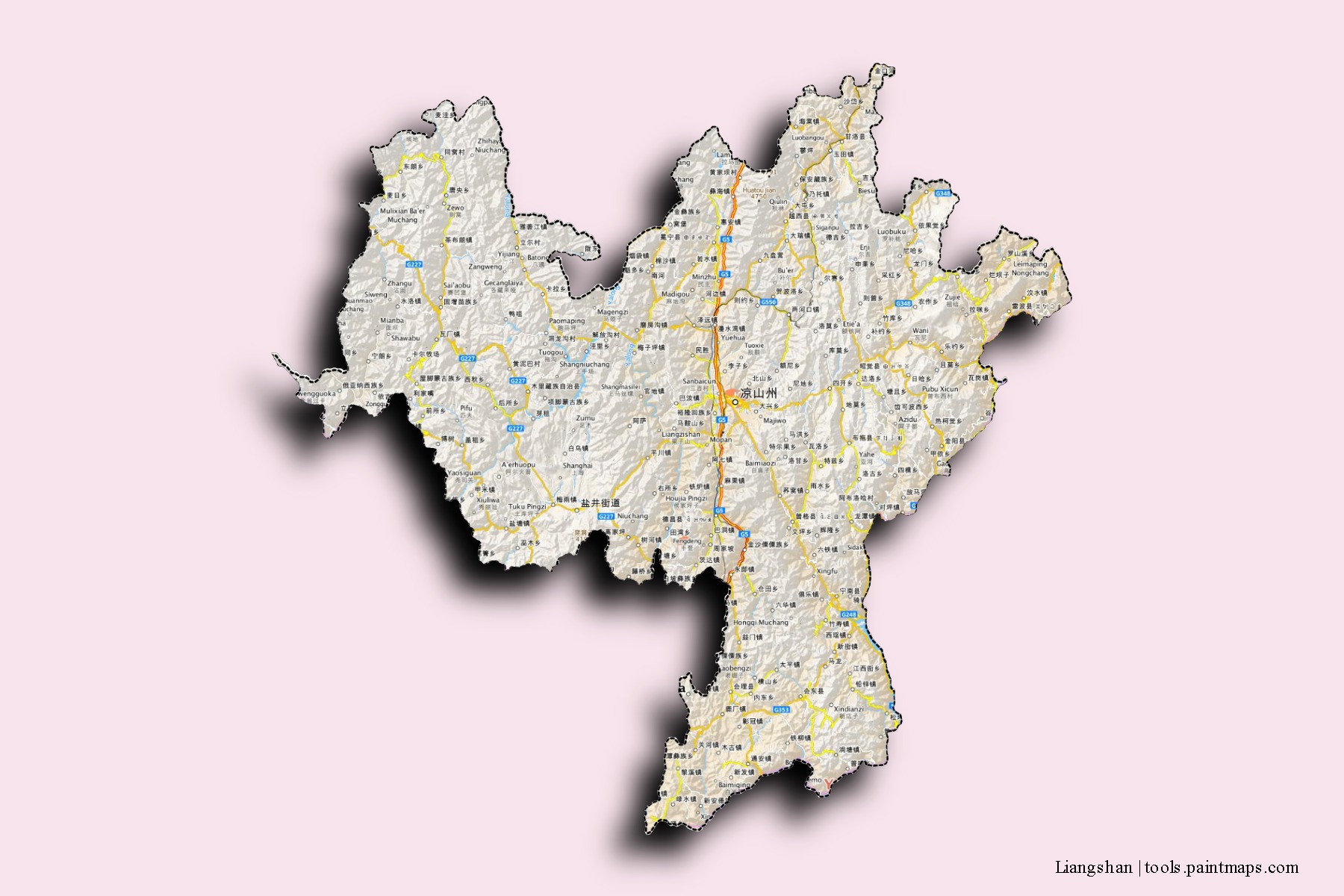 3D gölge efektli Liangshan mahalleleri ve köyleri haritası