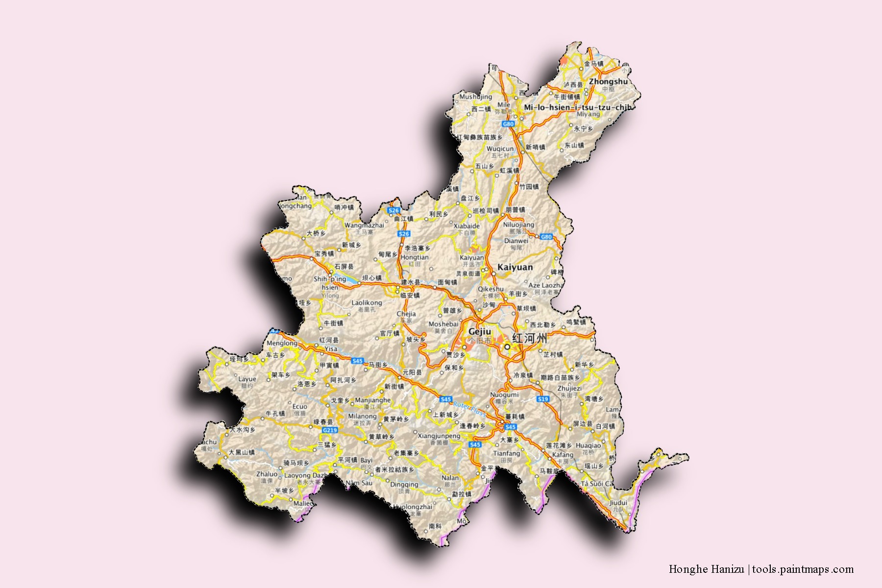 Mapa de barrios y pueblos de Honghe Hanizu con efecto de sombra 3D