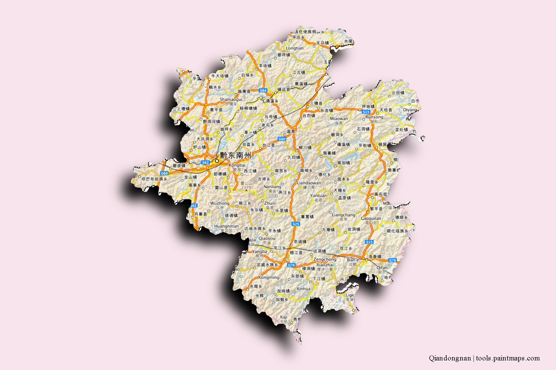 Mapa de barrios y pueblos de Qiandongnan con efecto de sombra 3D