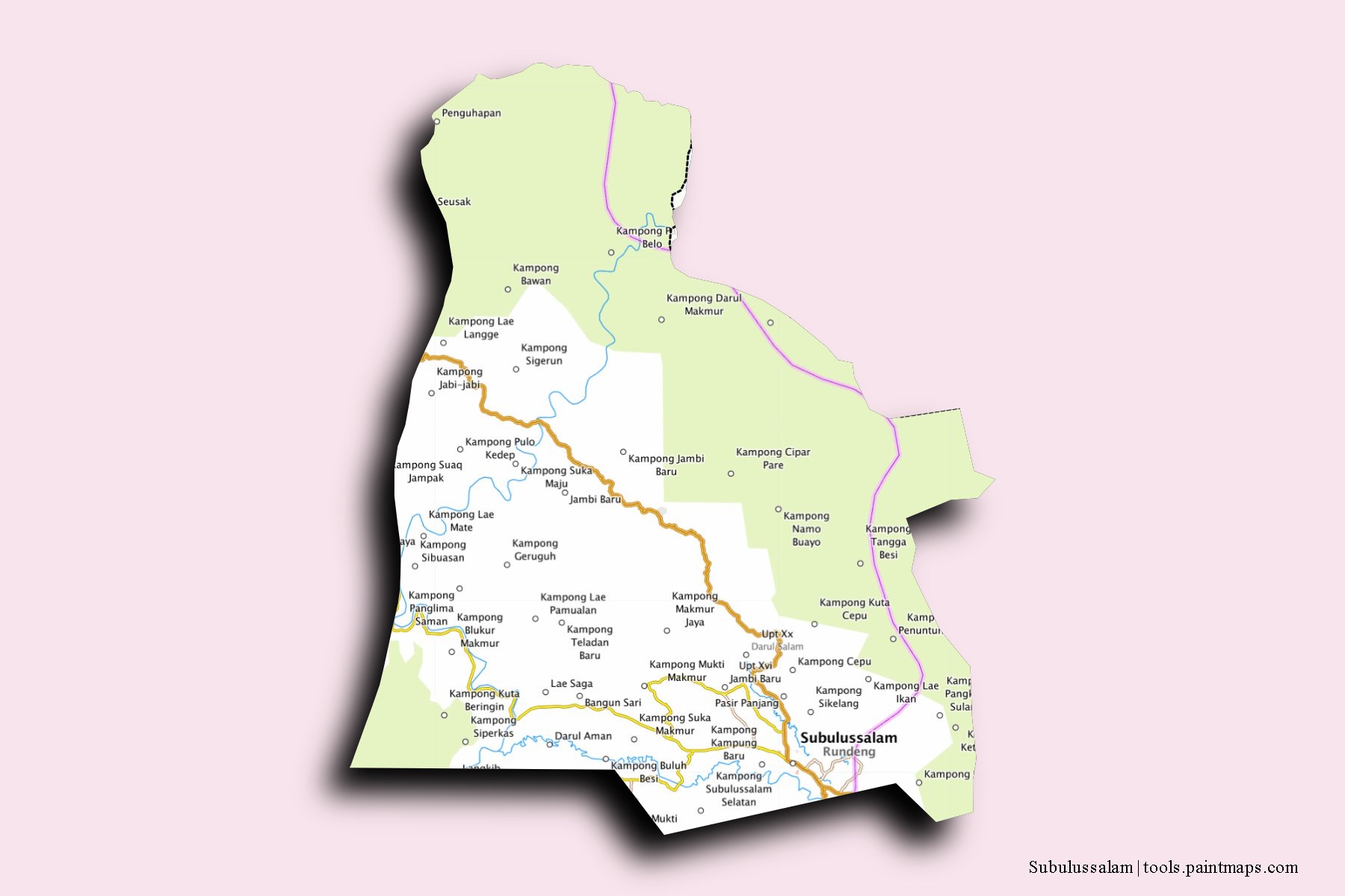 Mapa de barrios y pueblos de Subulussalam con efecto de sombra 3D