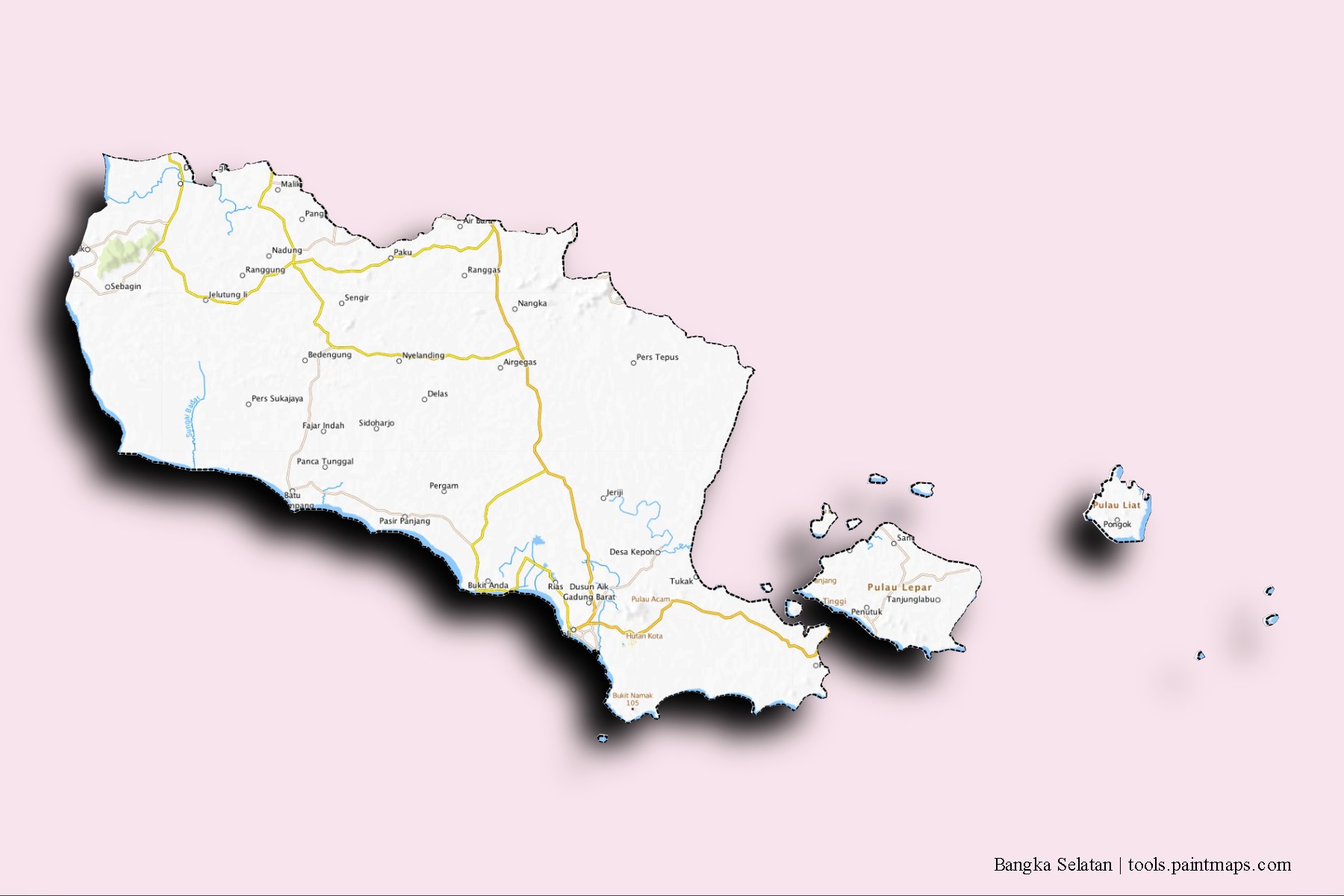 Mapa de barrios y pueblos de Bangka Selatan con efecto de sombra 3D