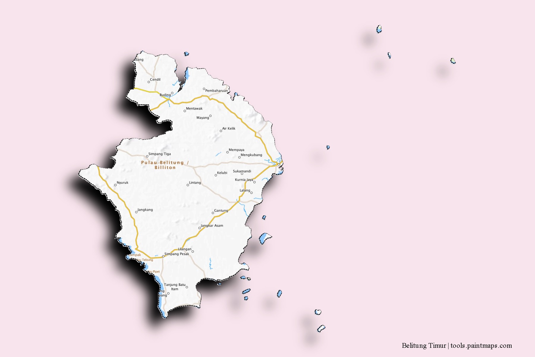 3D gölge efektli Belitung Timur mahalleleri ve köyleri haritası