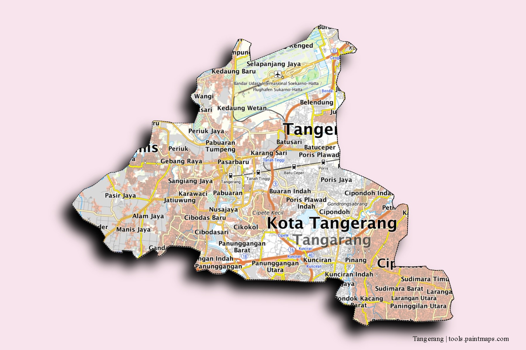 Mapa de barrios y pueblos de Tangerang con efecto de sombra 3D