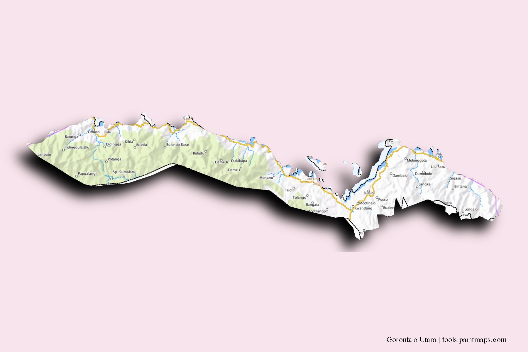 3D gölge efektli Gorontalo Utara mahalleleri ve köyleri haritası
