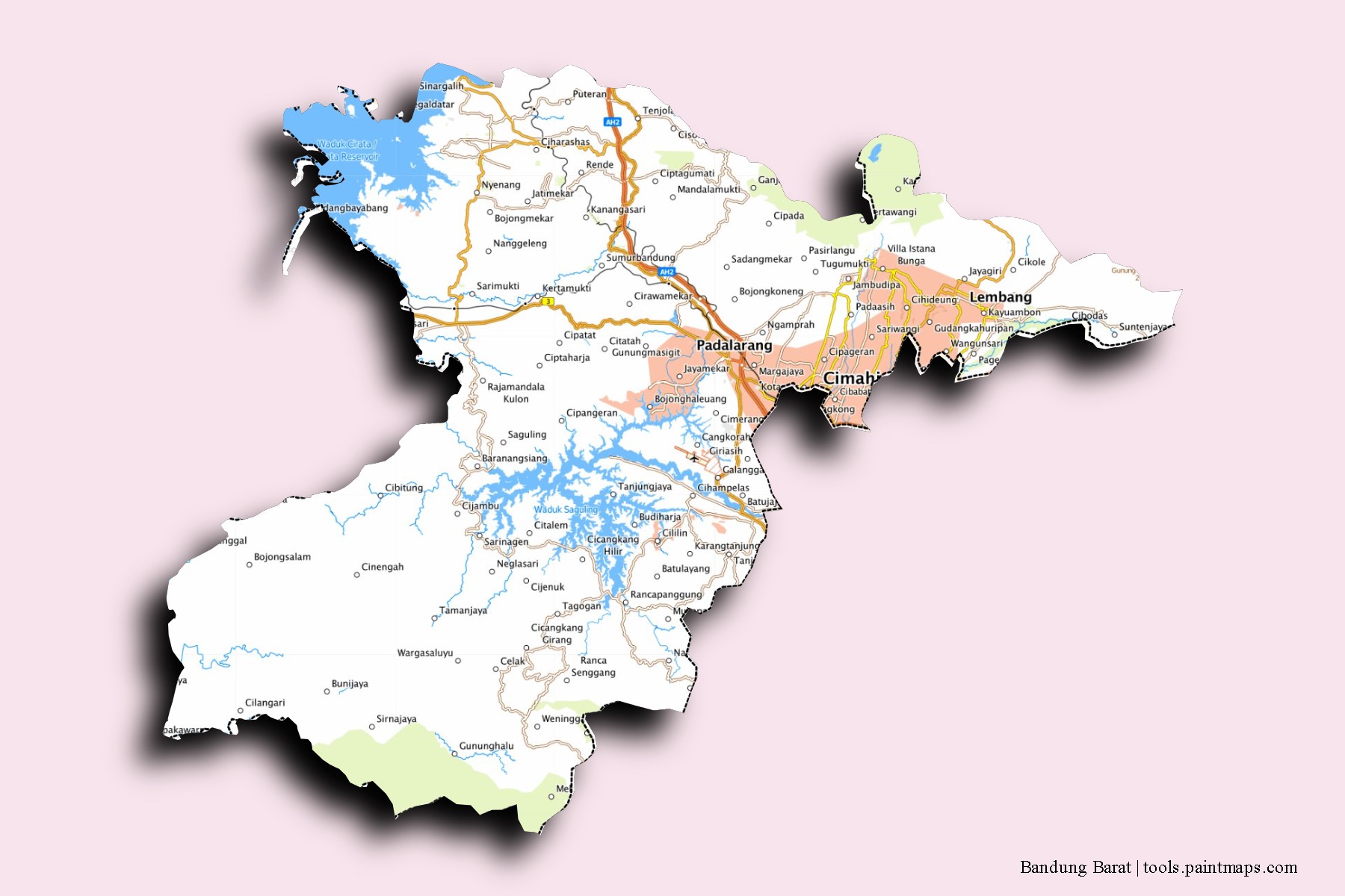 Bandung Barat neighborhoods and villages map with 3D shadow effect