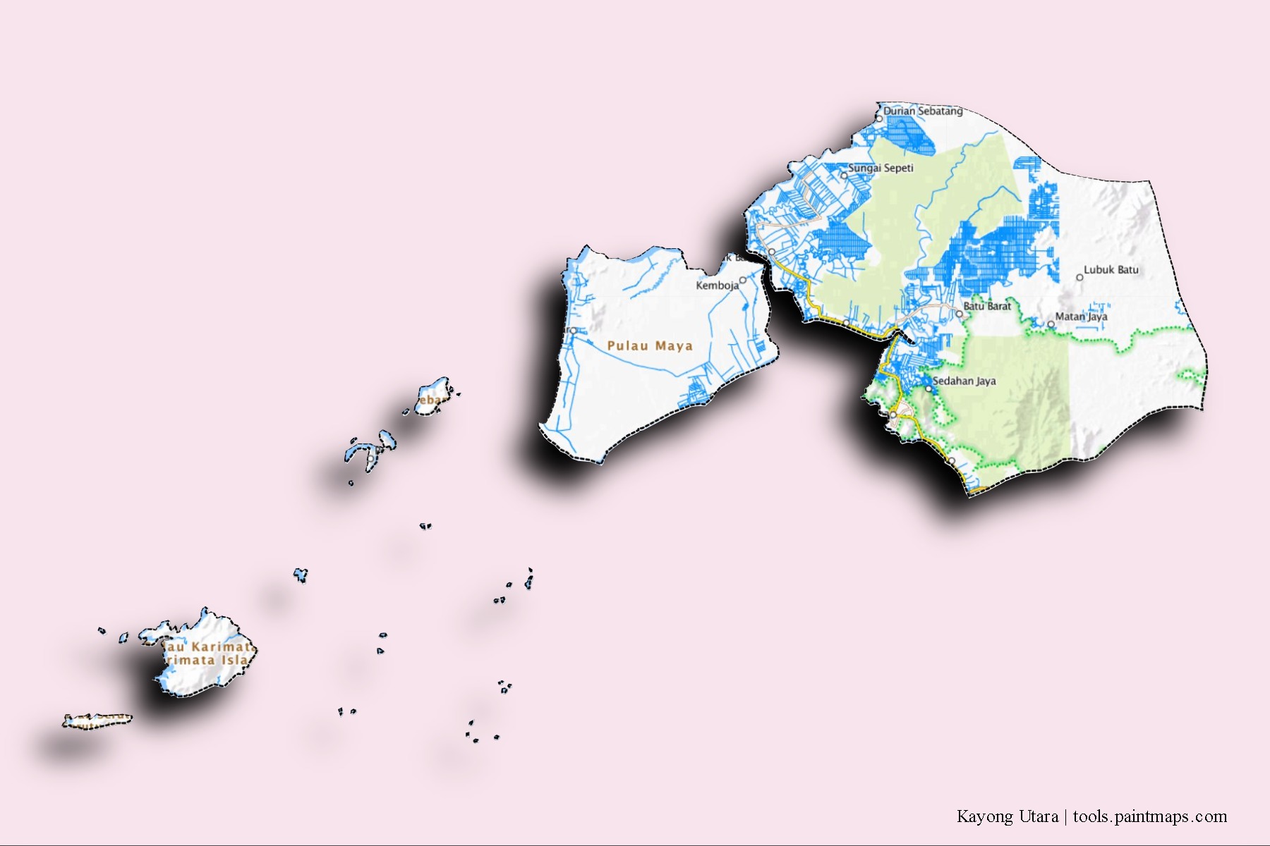 Mapa de barrios y pueblos de Kayong Utara con efecto de sombra 3D