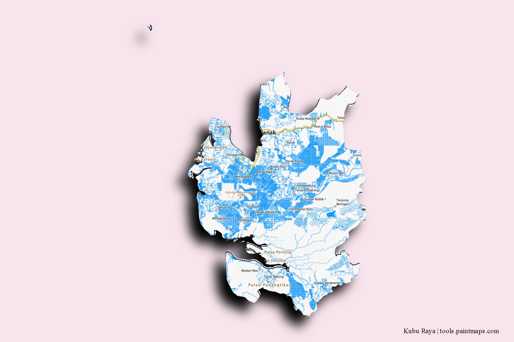 Kubu Raya neighborhoods and villages map with 3D shadow effect