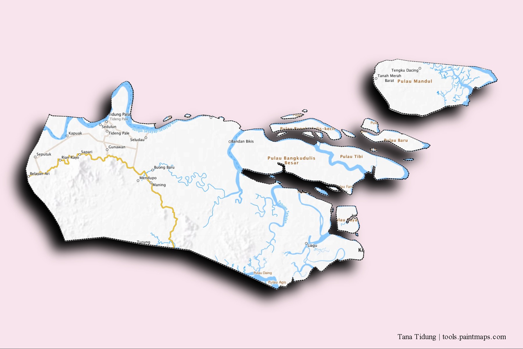 Tana Tidung neighborhoods and villages map with 3D shadow effect