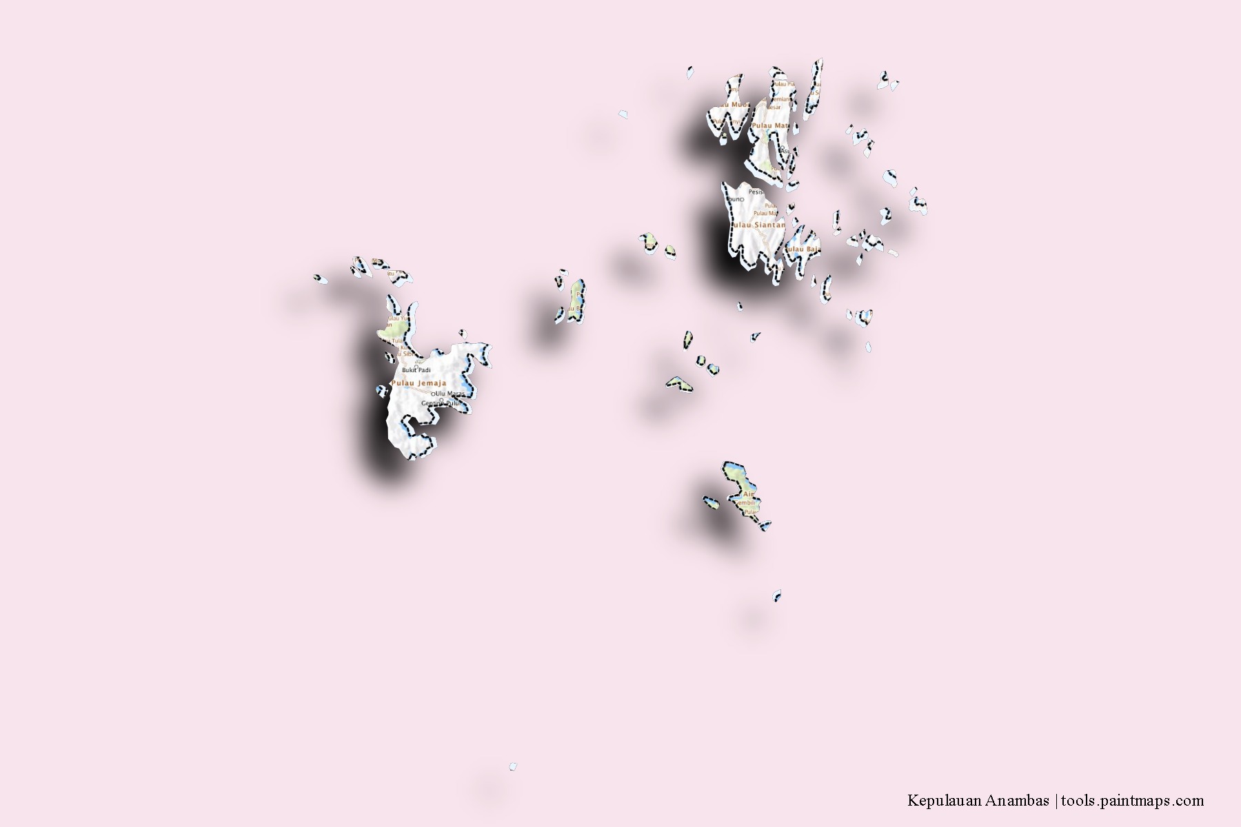 Mapa de barrios y pueblos de Kepulauan Anambas con efecto de sombra 3D