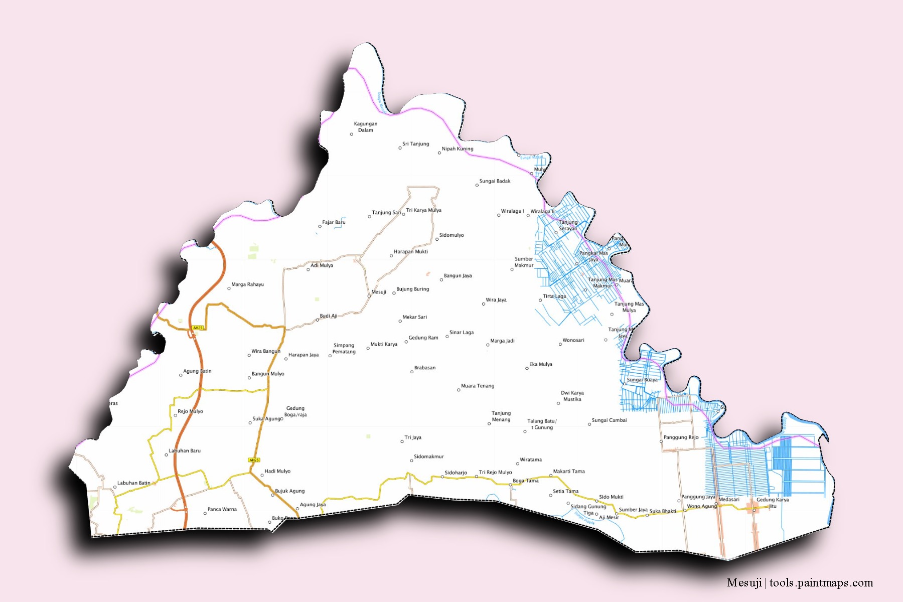 Mapa de barrios y pueblos de Mesuji con efecto de sombra 3D