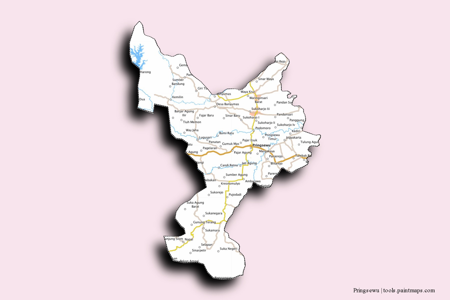 Mapa de barrios y pueblos de Pringsewu con efecto de sombra 3D