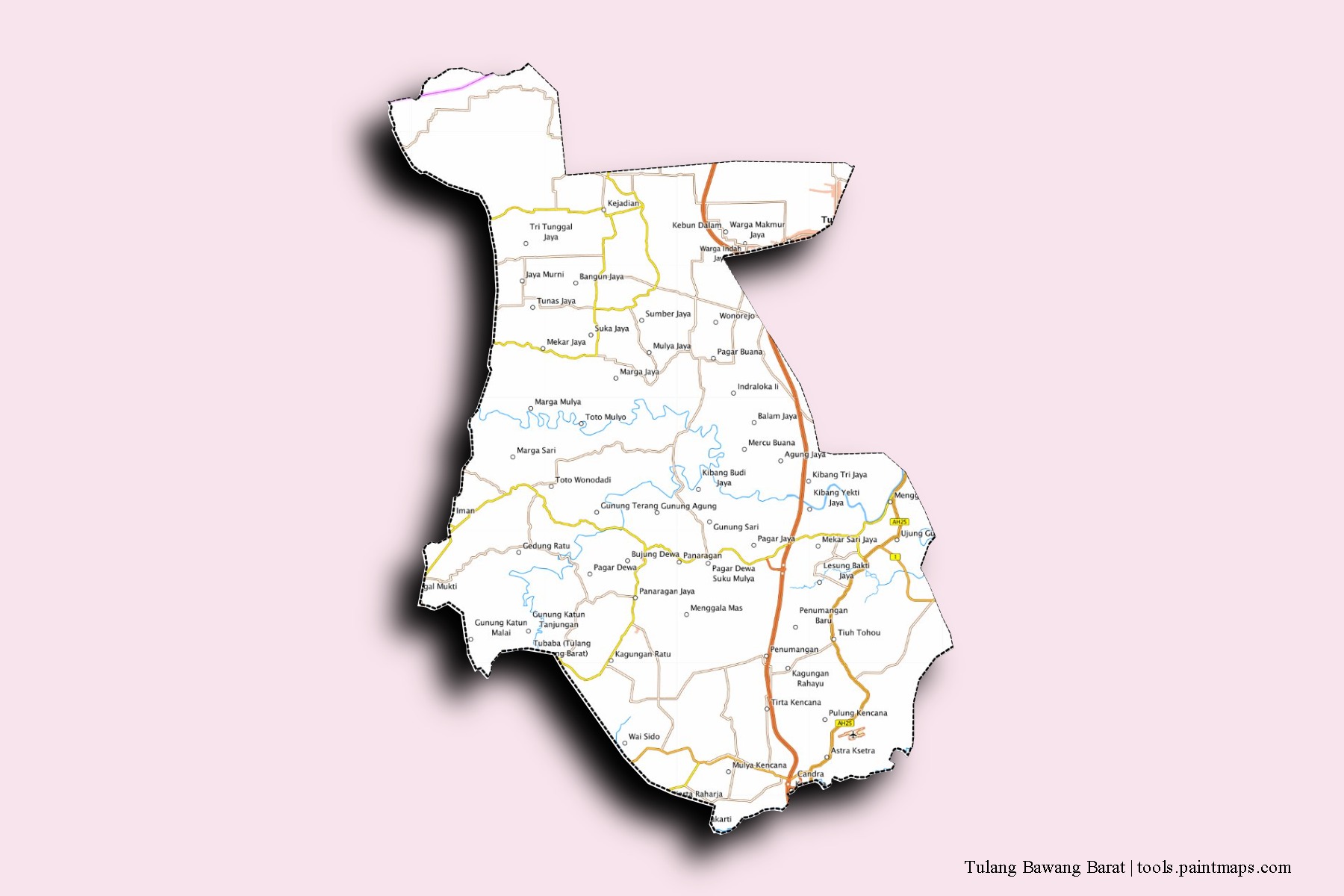 Mapa de barrios y pueblos de Tulang Bawang Barat con efecto de sombra 3D