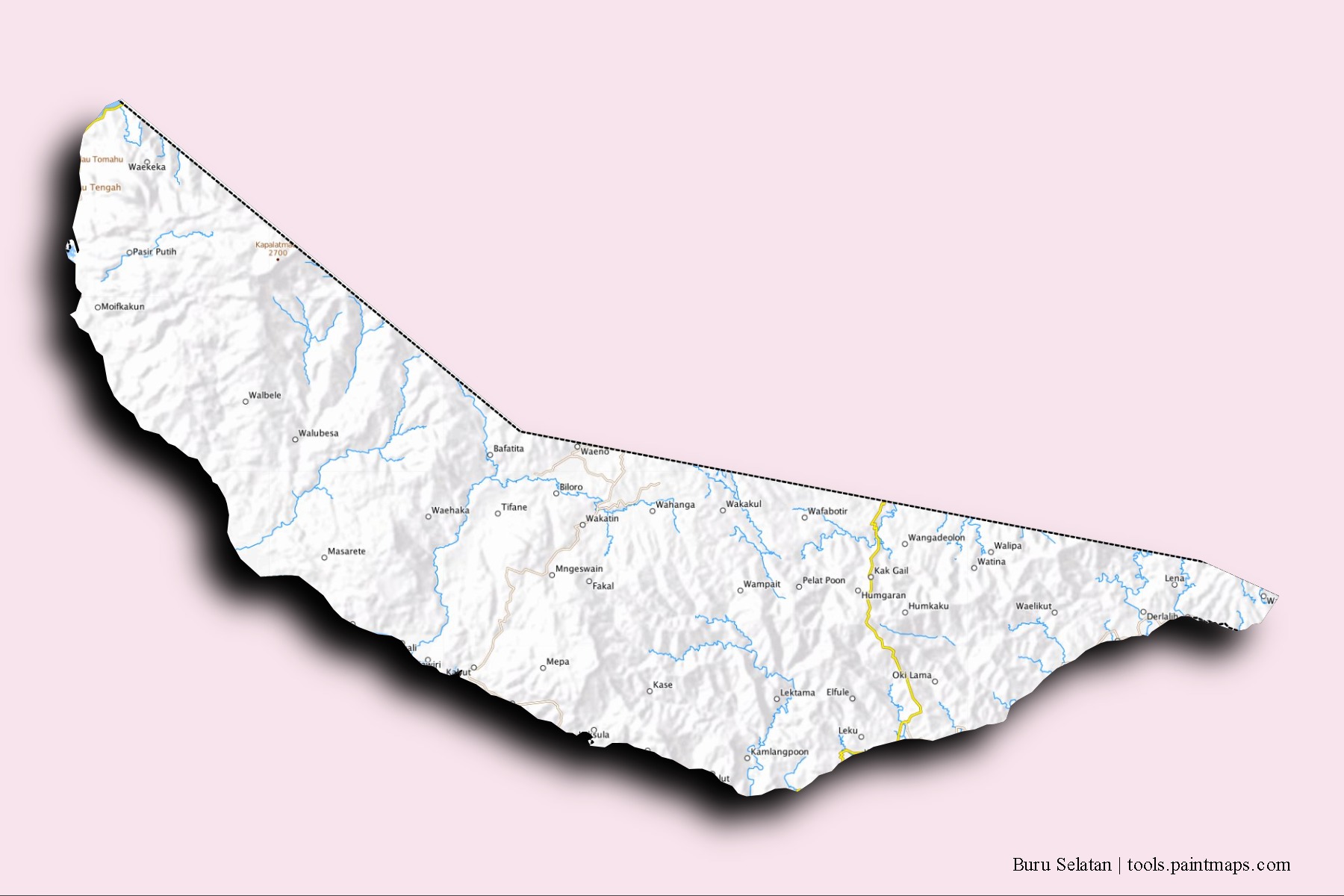 Buru Selatan neighborhoods and villages map with 3D shadow effect