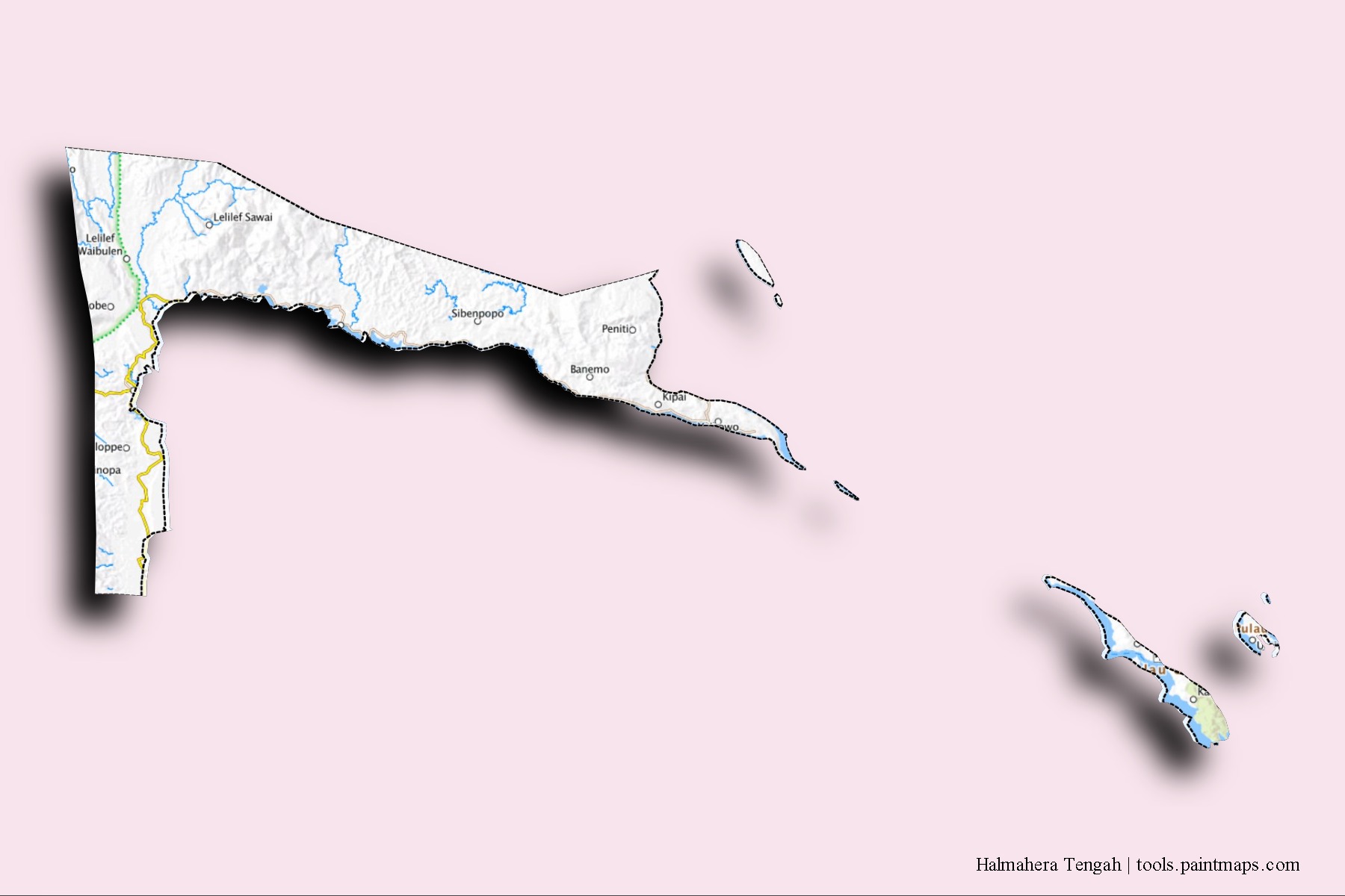 Halmahera Tengah neighborhoods and villages map with 3D shadow effect