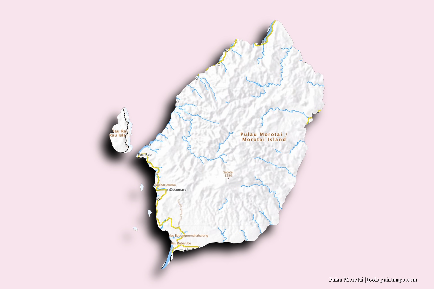 Mapa de barrios y pueblos de Pulau Morotai con efecto de sombra 3D