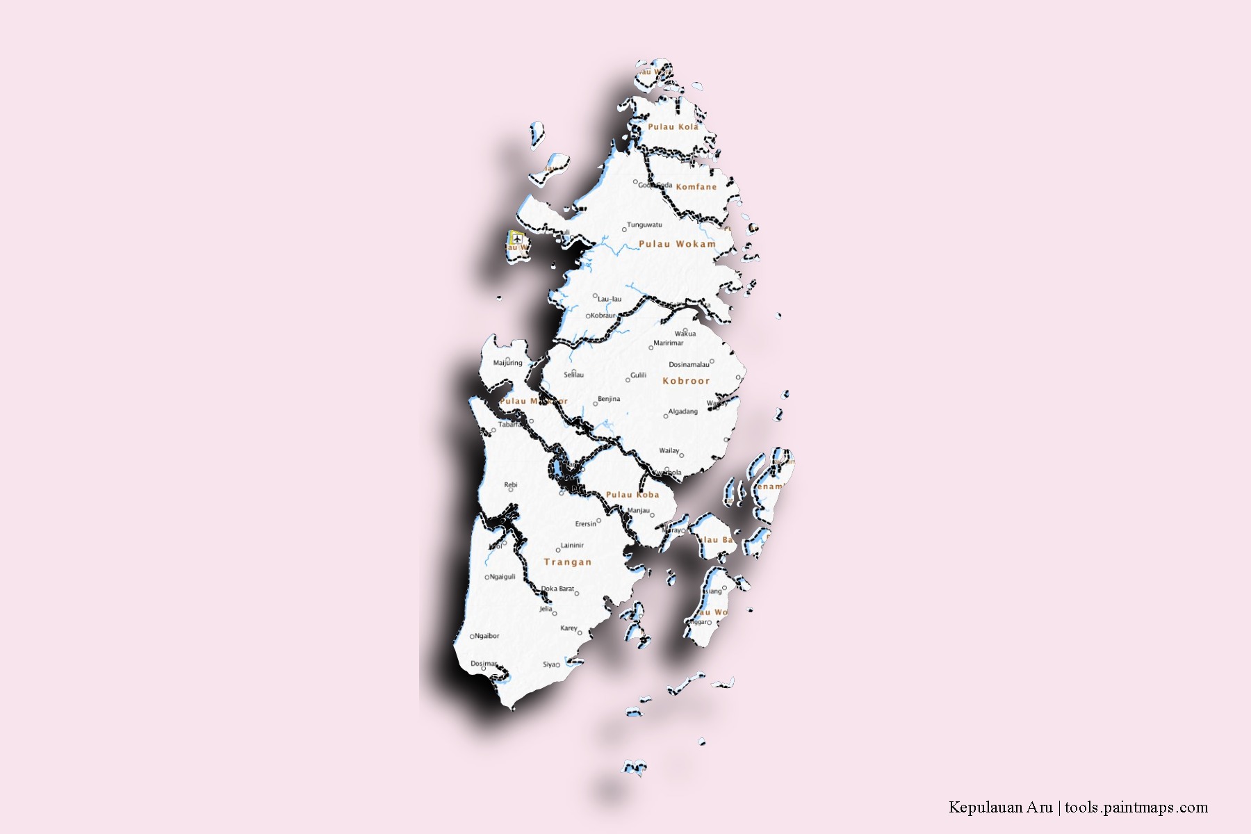 3D gölge efektli Kepulauan Aru mahalleleri ve köyleri haritası