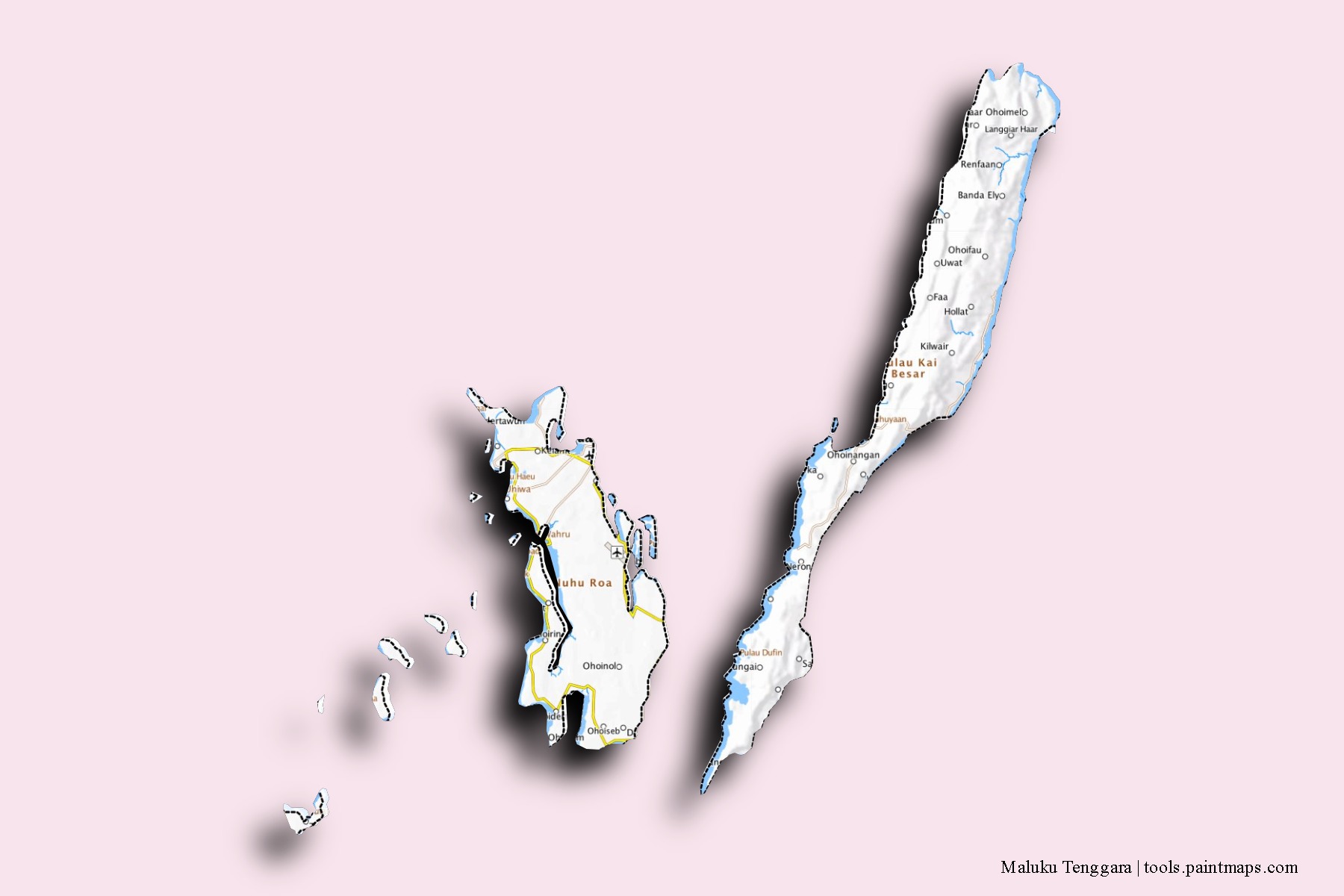 Maluku Tenggara neighborhoods and villages map with 3D shadow effect