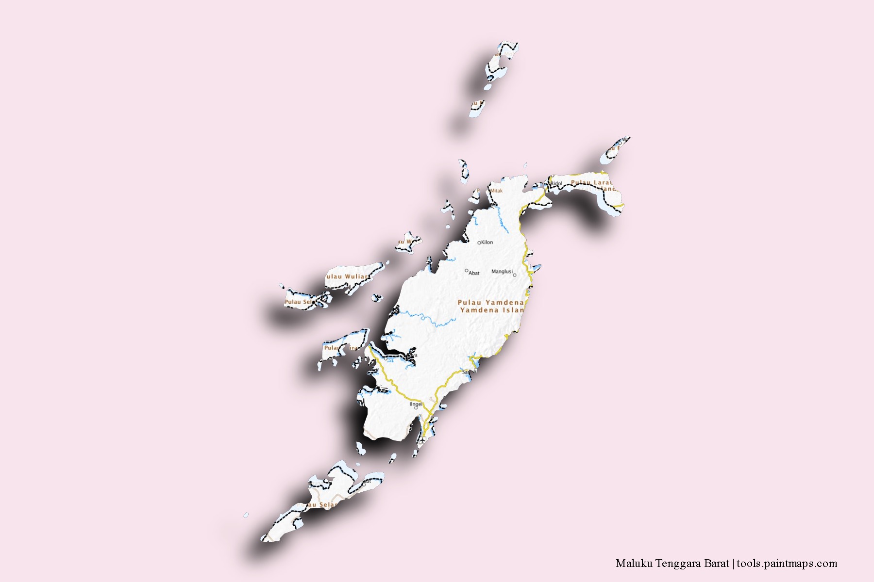 Mapa de barrios y pueblos de Maluku Tenggara Barat con efecto de sombra 3D