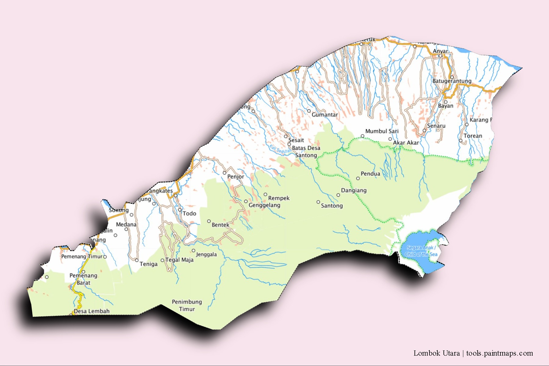 Mapa de barrios y pueblos de Lombok Utara con efecto de sombra 3D