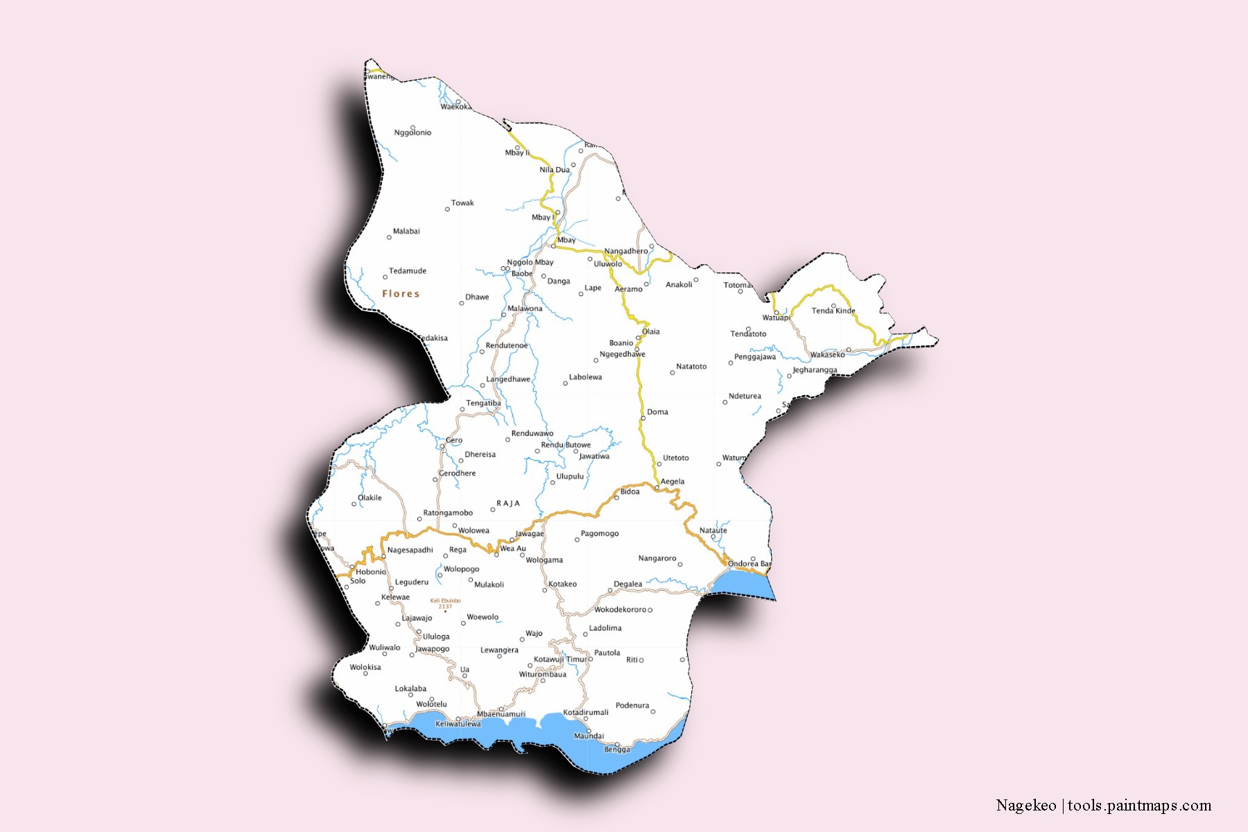 Mapa de barrios y pueblos de Nagekeo con efecto de sombra 3D