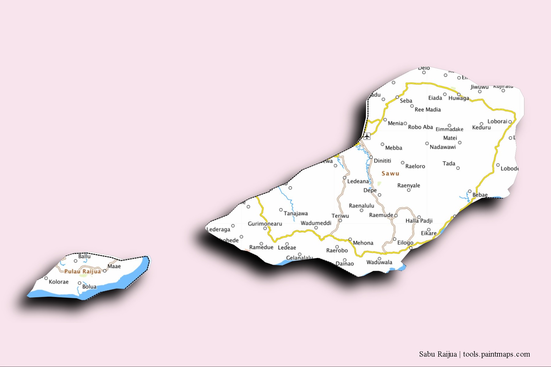 Mapa de barrios y pueblos de Sabu Raijua con efecto de sombra 3D