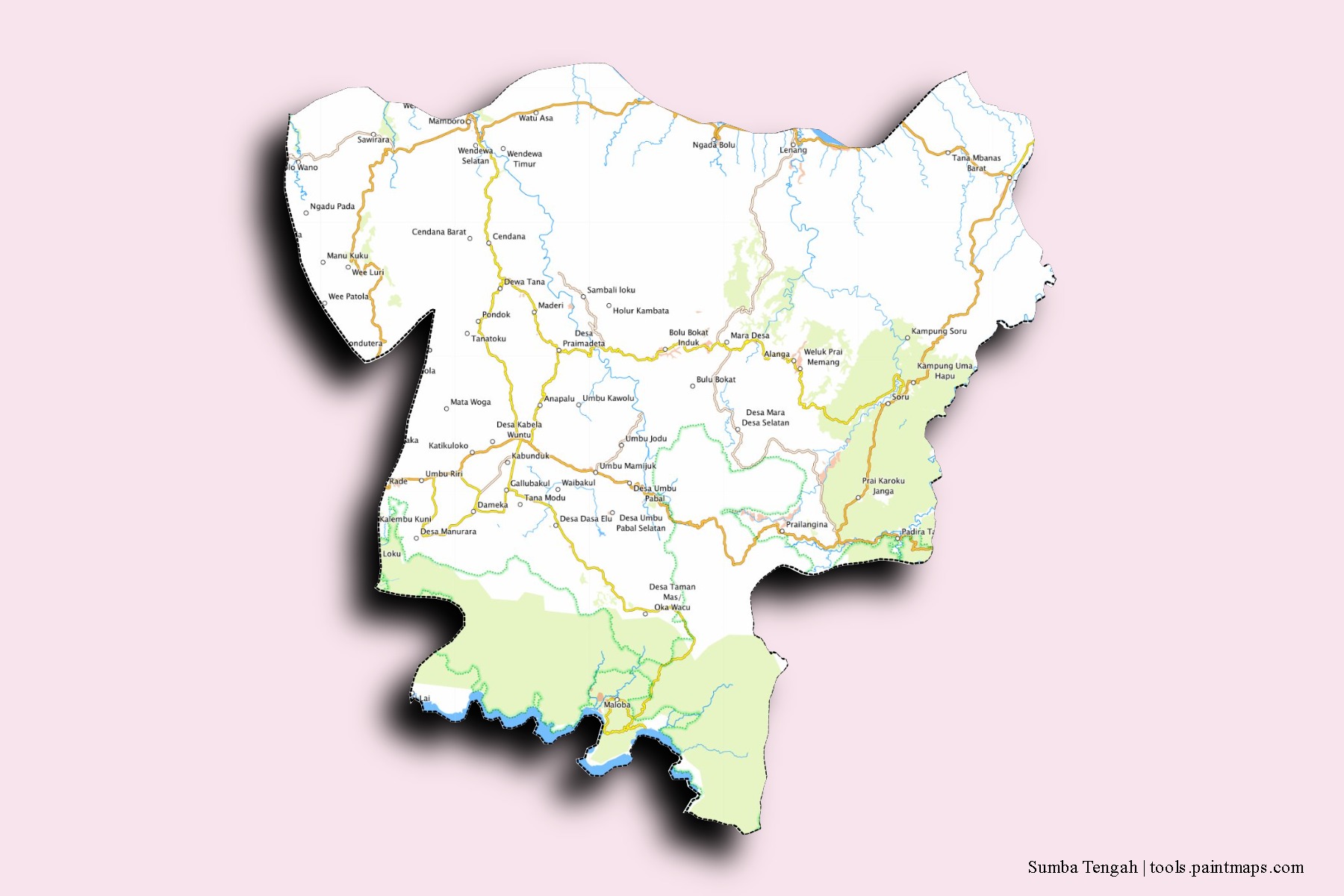 Mapa de barrios y pueblos de Sumba Tengah con efecto de sombra 3D