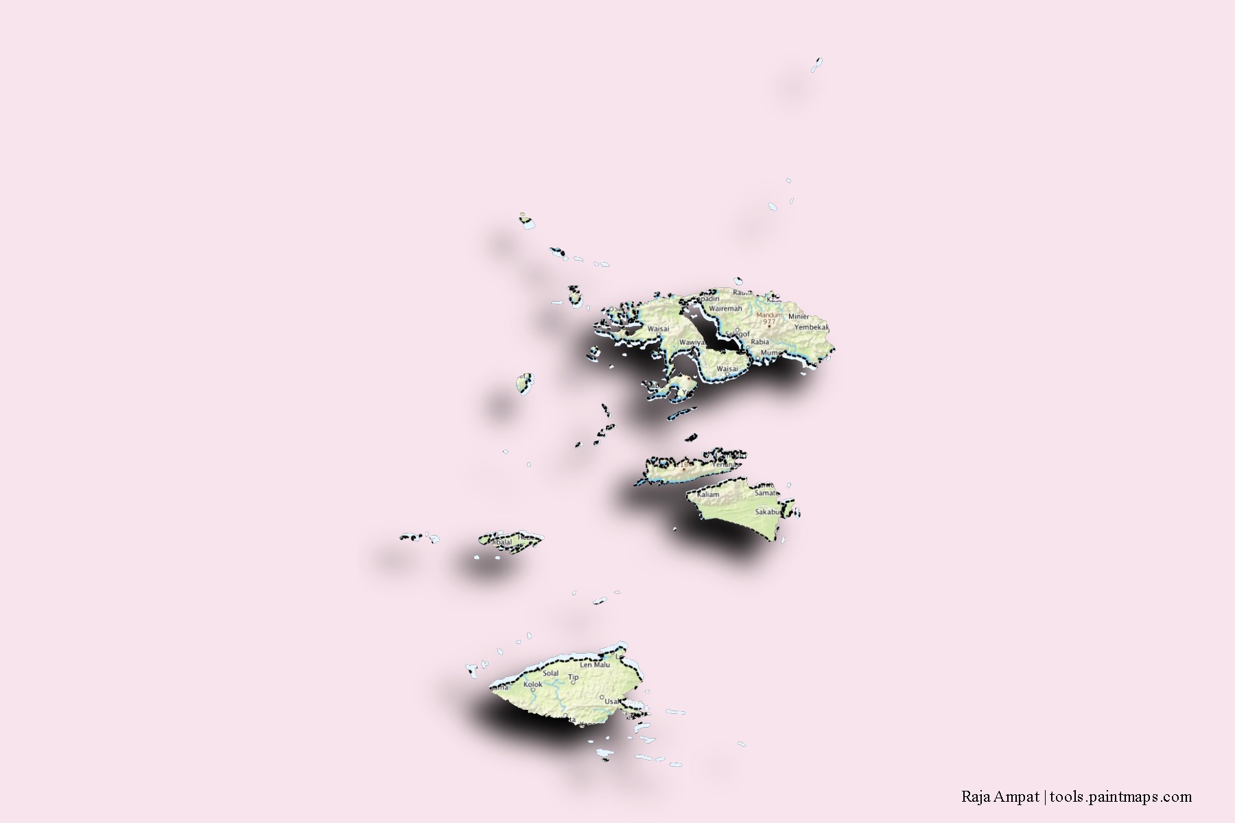 Raja Ampat neighborhoods and villages map with 3D shadow effect