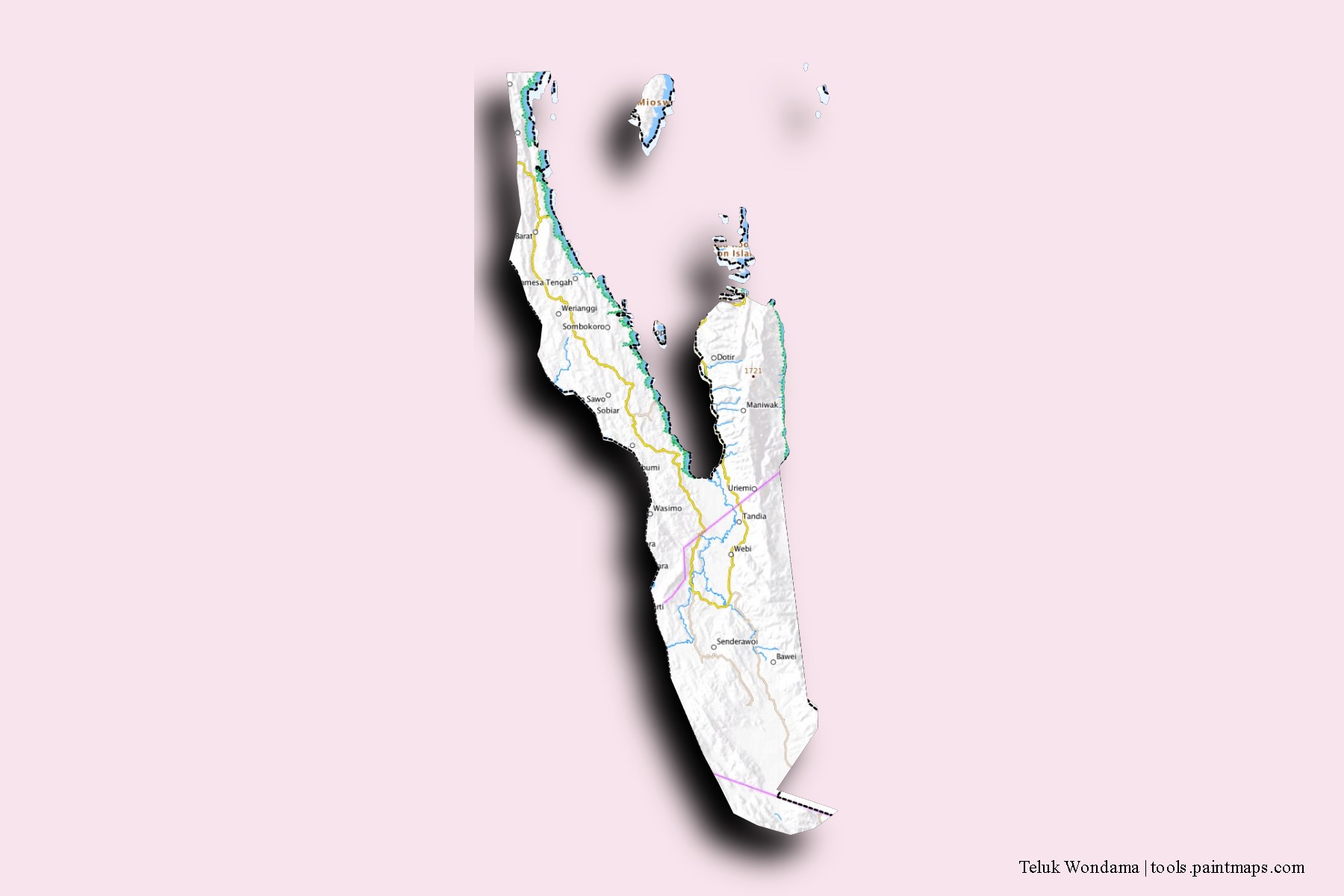 Teluk Wondama neighborhoods and villages map with 3D shadow effect