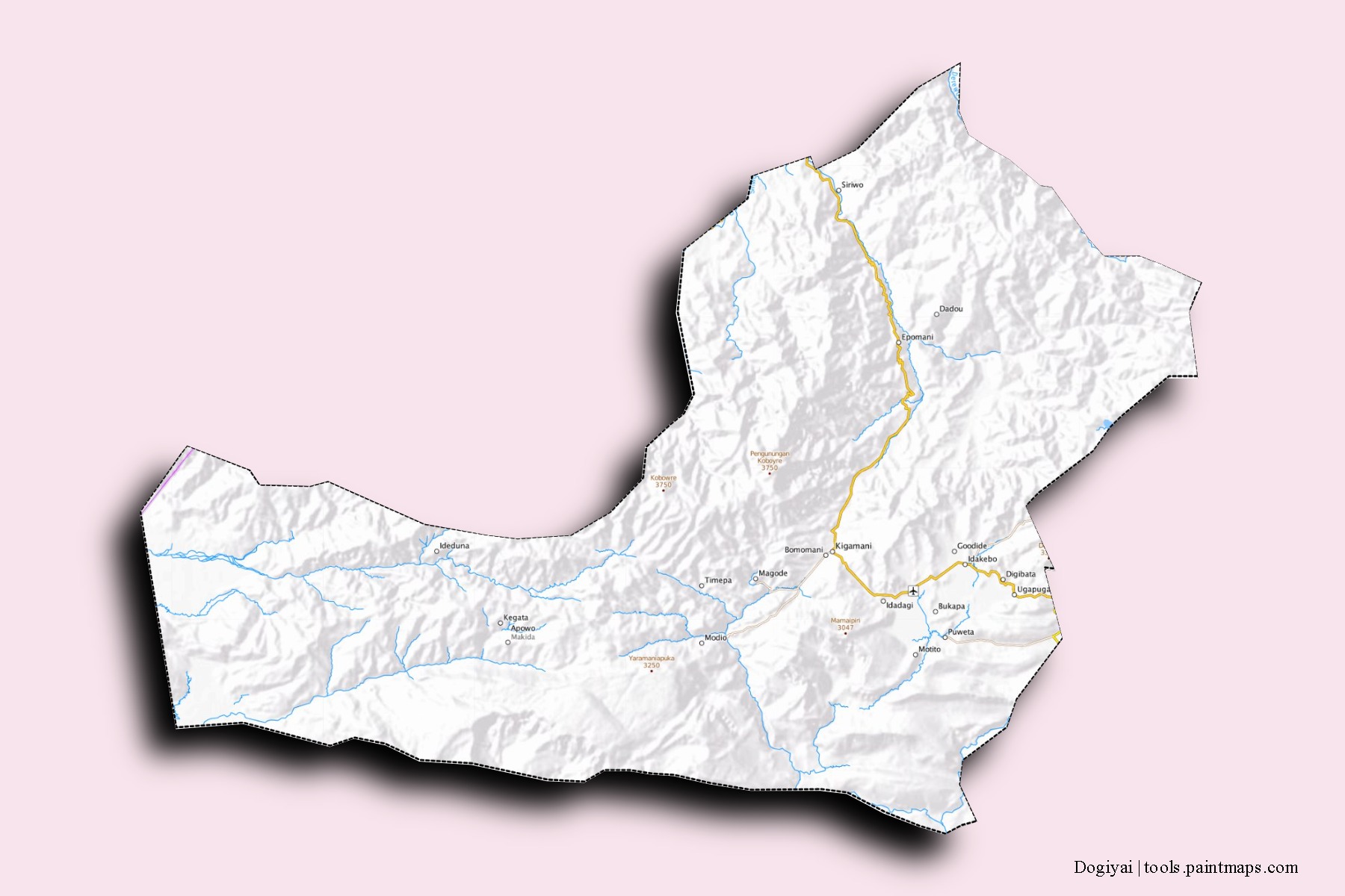 Mapa de barrios y pueblos de Dogiyai con efecto de sombra 3D