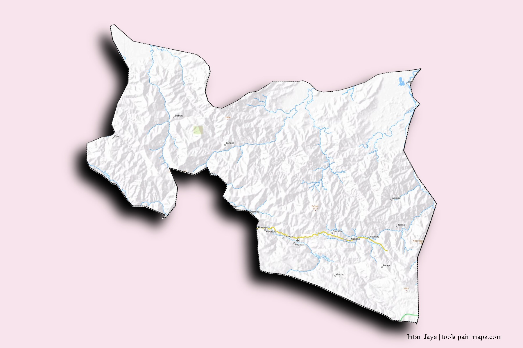 Intan Jaya neighborhoods and villages map with 3D shadow effect