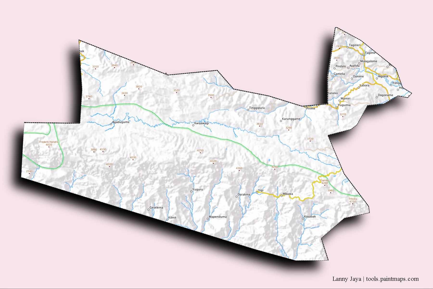 Mapa de barrios y pueblos de Lanny Jaya con efecto de sombra 3D