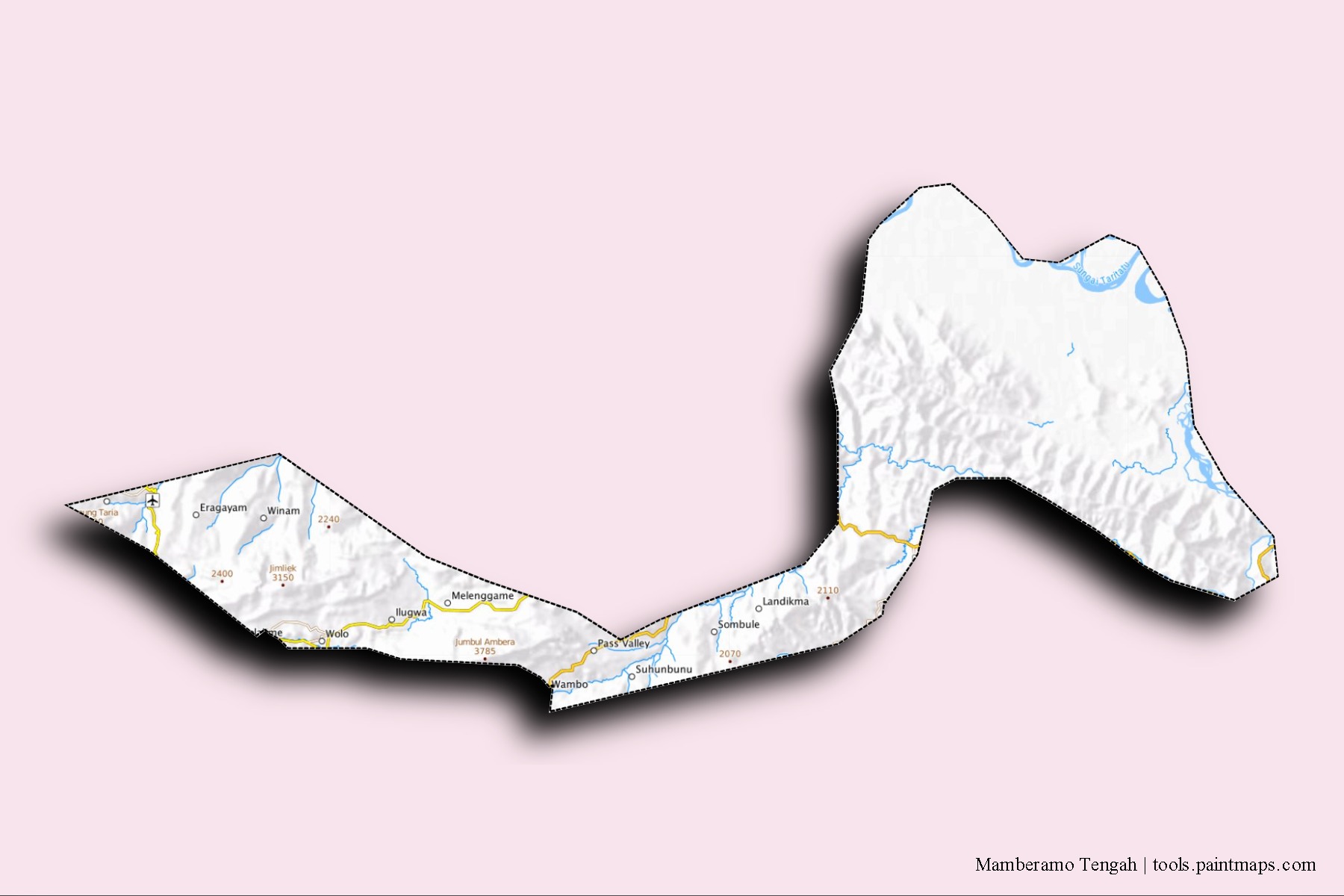 Mamberamo Tengah neighborhoods and villages map with 3D shadow effect